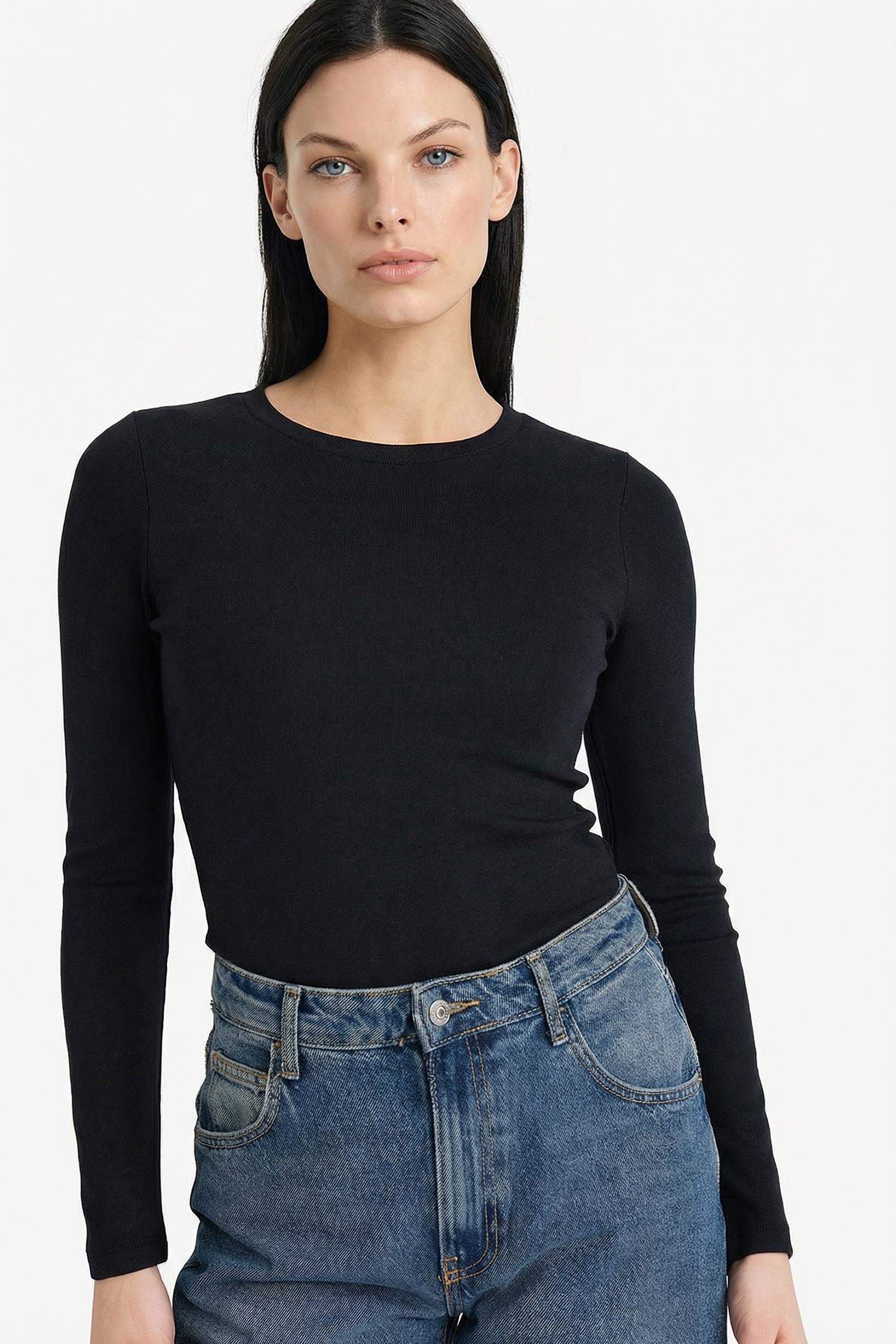 Slim Fit Dar Kesim Bisiklet Yaka Basic Düz Modal Uzun Kollu Tişört