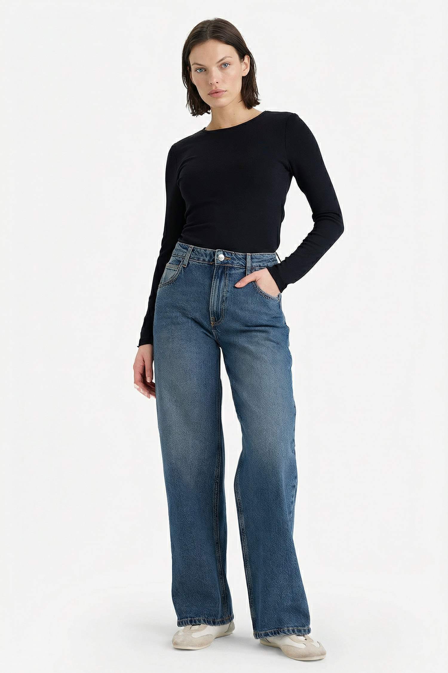 Slim Fit Dar Kesim Bisiklet Yaka Basic Düz Modal Uzun Kollu Tişört