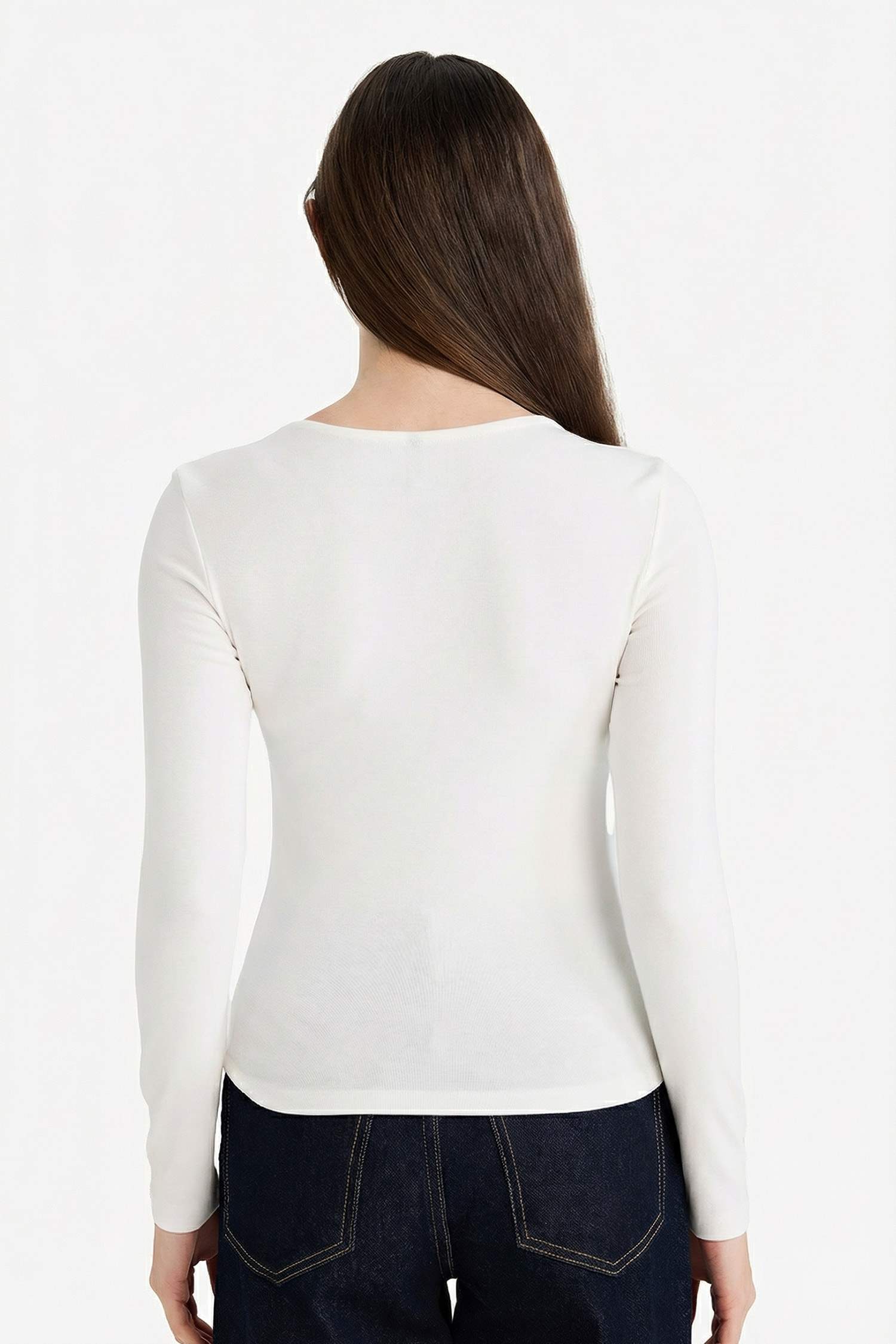 Slim Fit Dar Kesim Bisiklet Yaka Basic Düz Modal Uzun Kollu Tişört