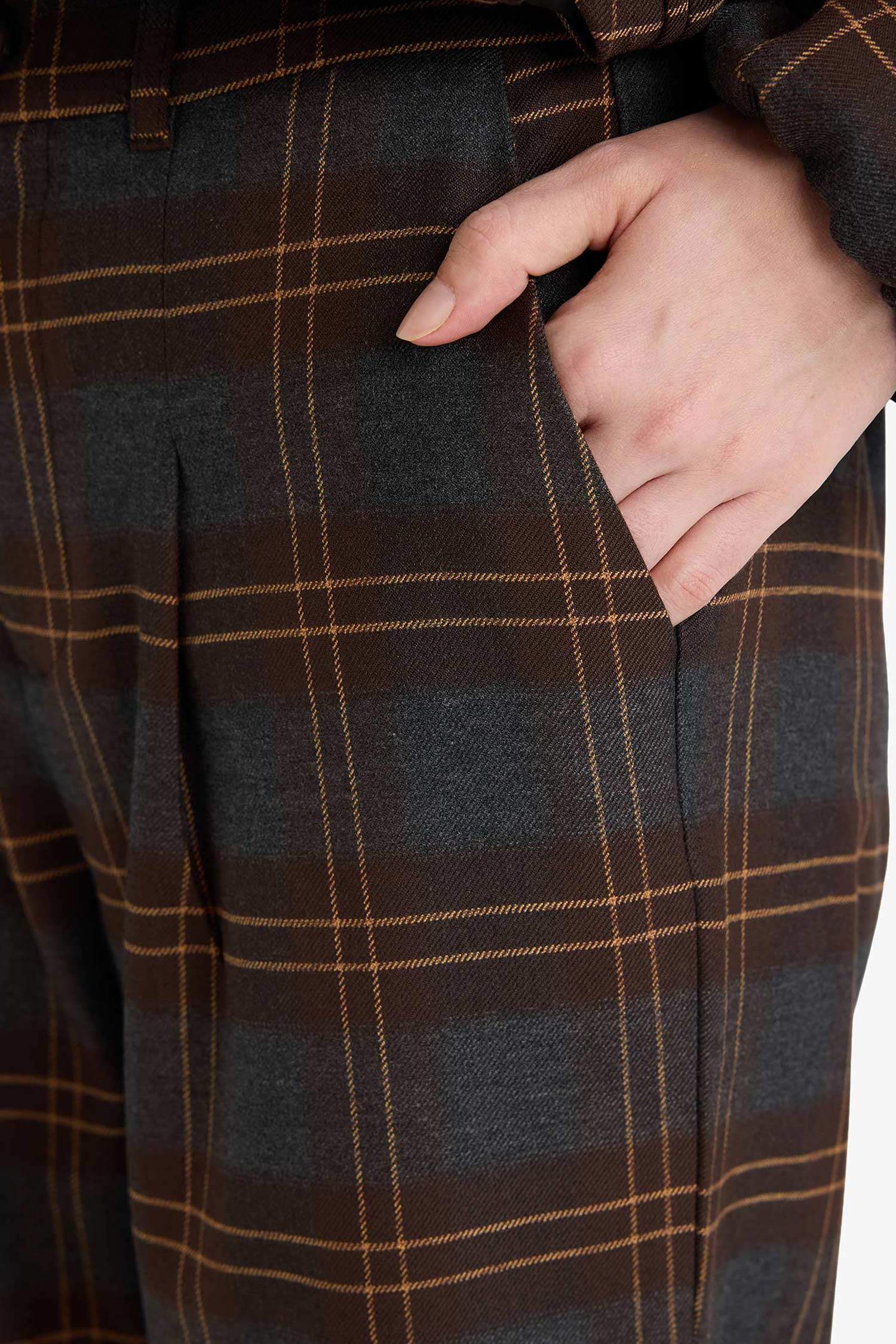 Wide Leg Çift Cepli Normal Bel Düz Paça Kareli Pantolon