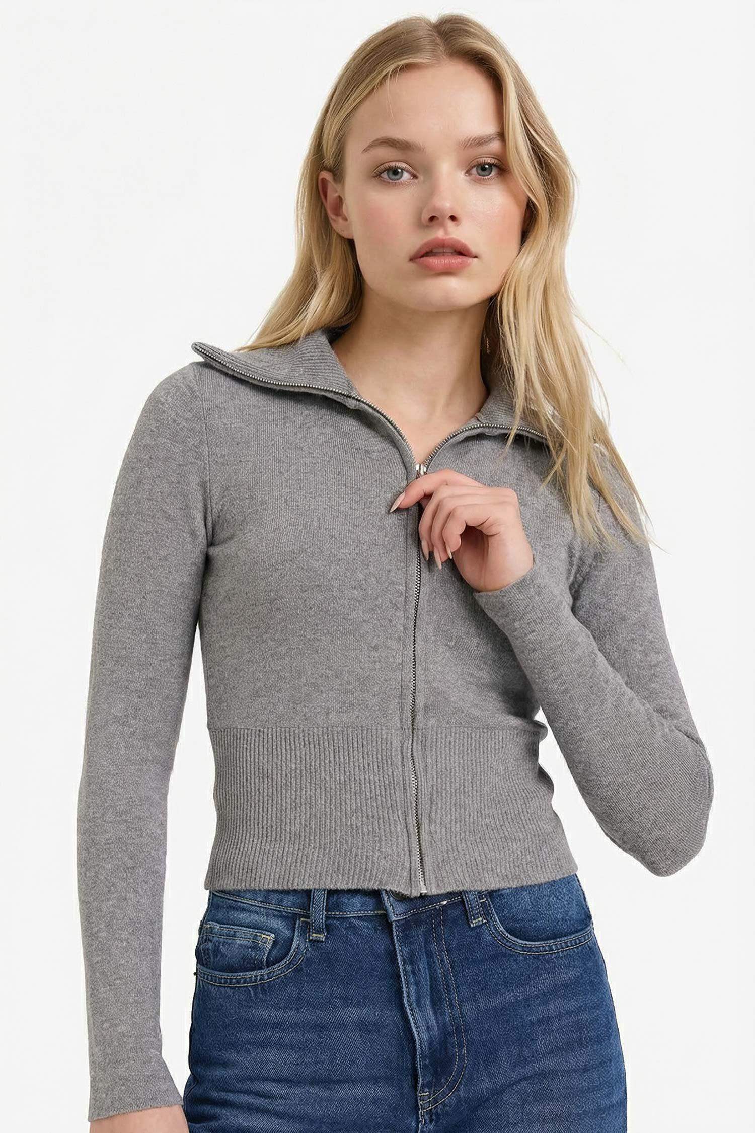 Fitted Dik Yaka Fermuarlı Hırka