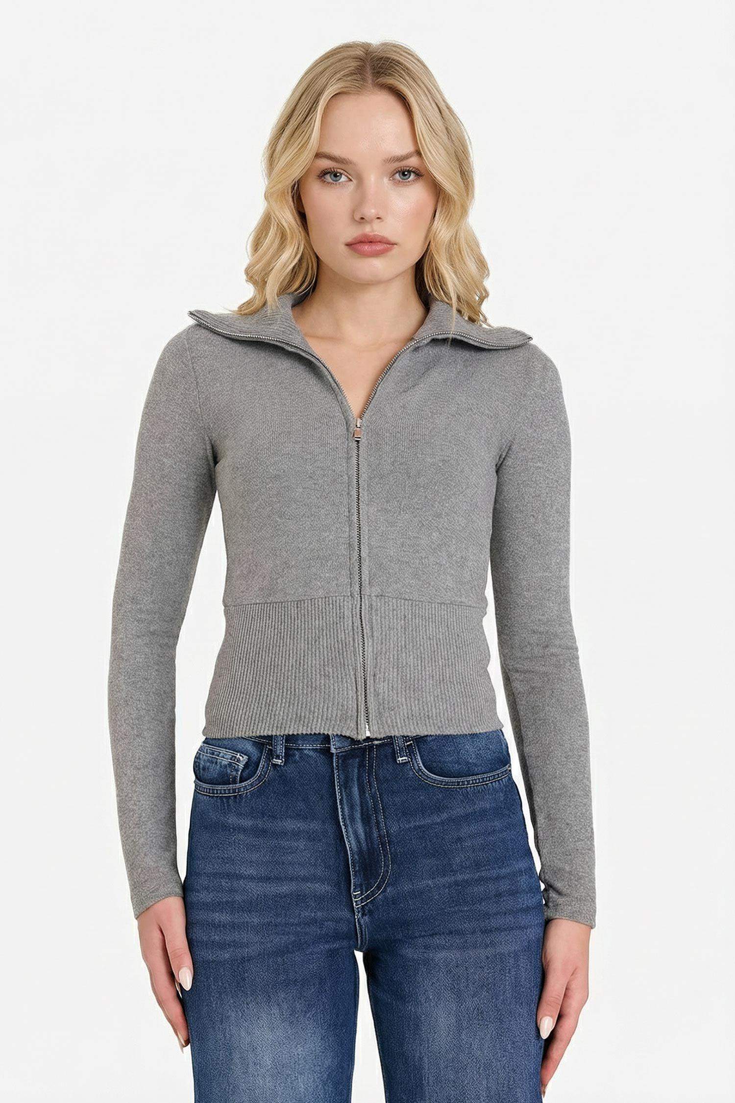 Fitted Dik Yaka Fermuarlı Hırka