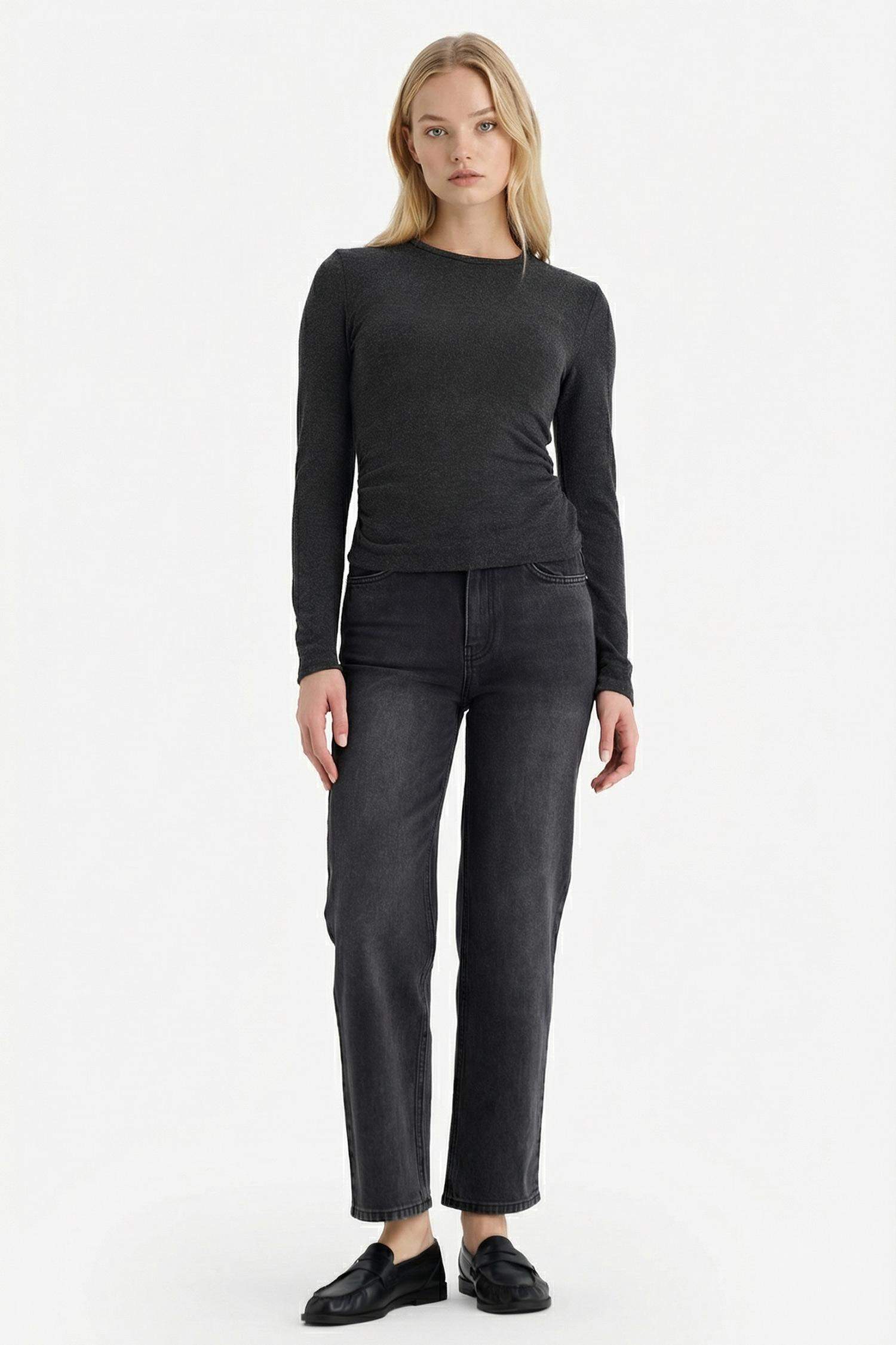 Fitted Bisiklet Yaka Uzun Kollu Tişört