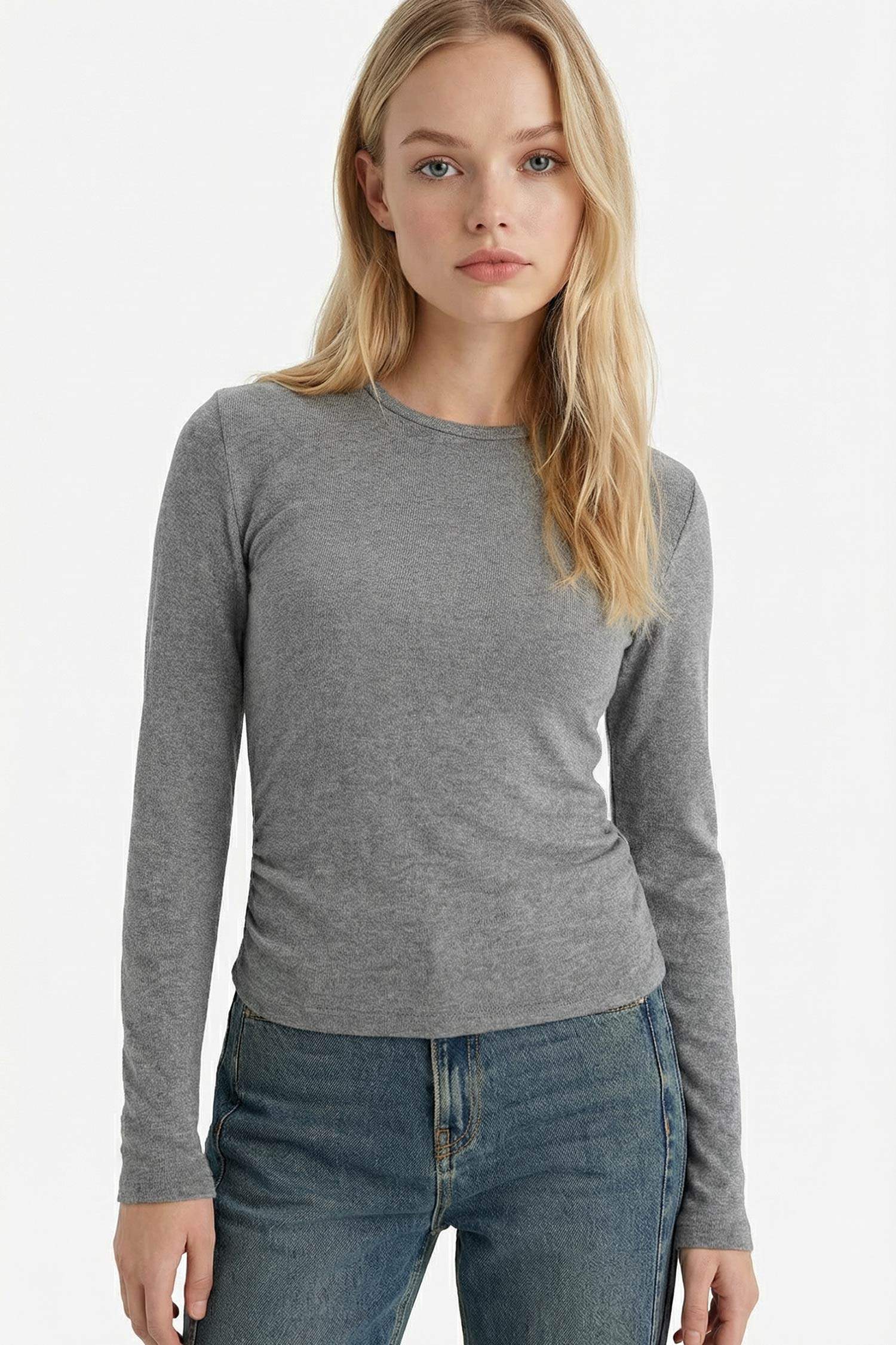 Fitted Bisiklet Yaka Uzun Kollu Tişört