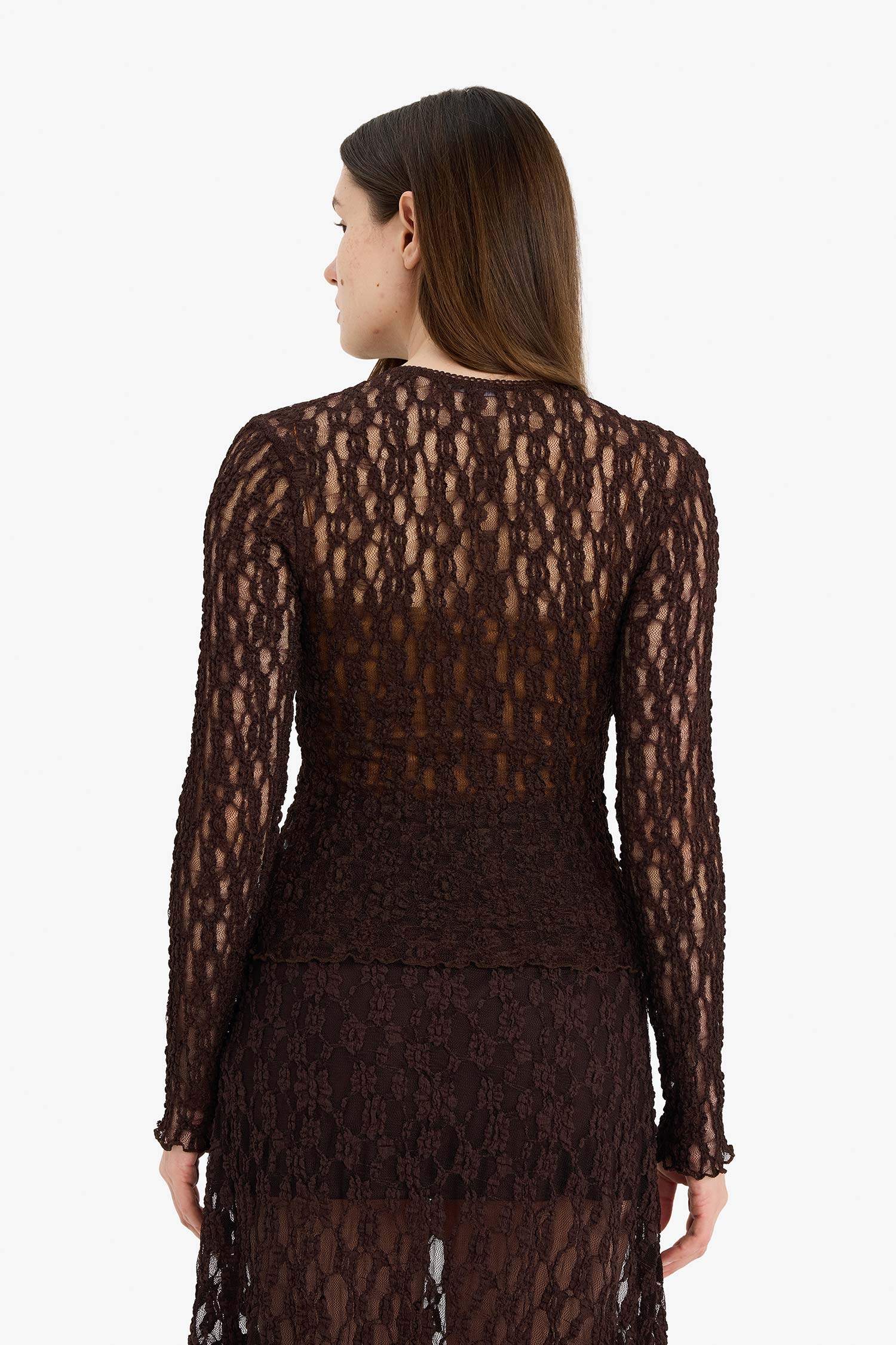 Fıtted Bisiklet Yaka Dantel Uzun Kollu Tişört