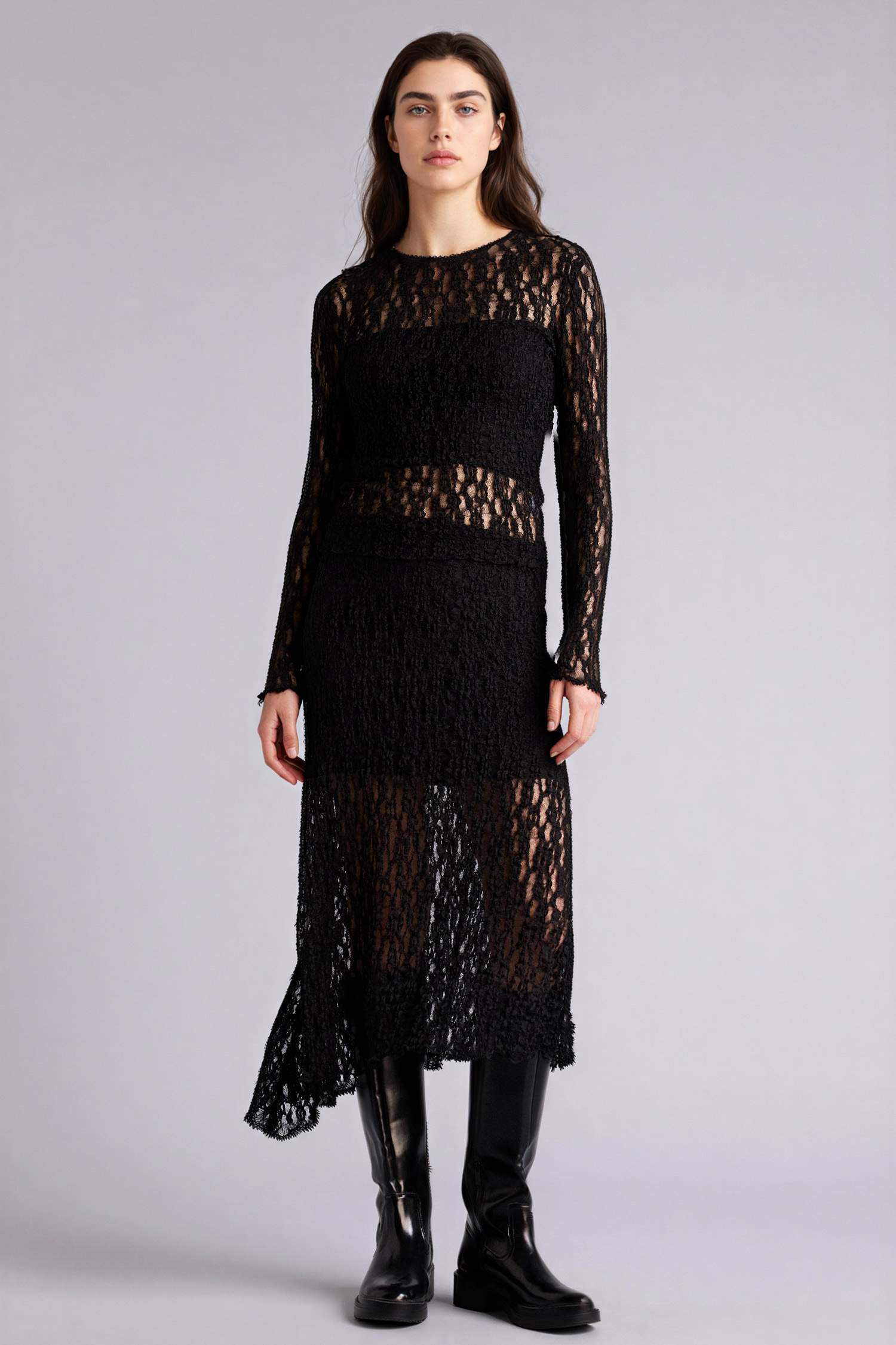 جيبة ميدي تريكو دانتيل غير متماثل بخصر عادي وبطانة جيرسي