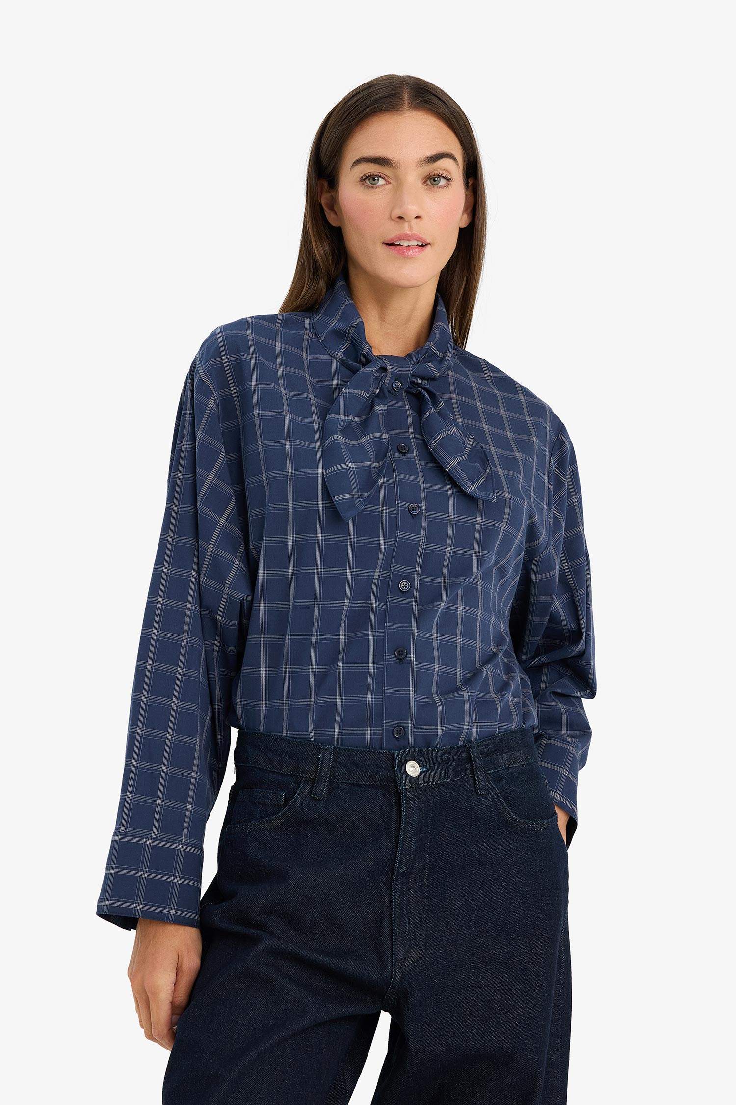 قميص كاروهات ردن طويل بوبلين اوفر سايز