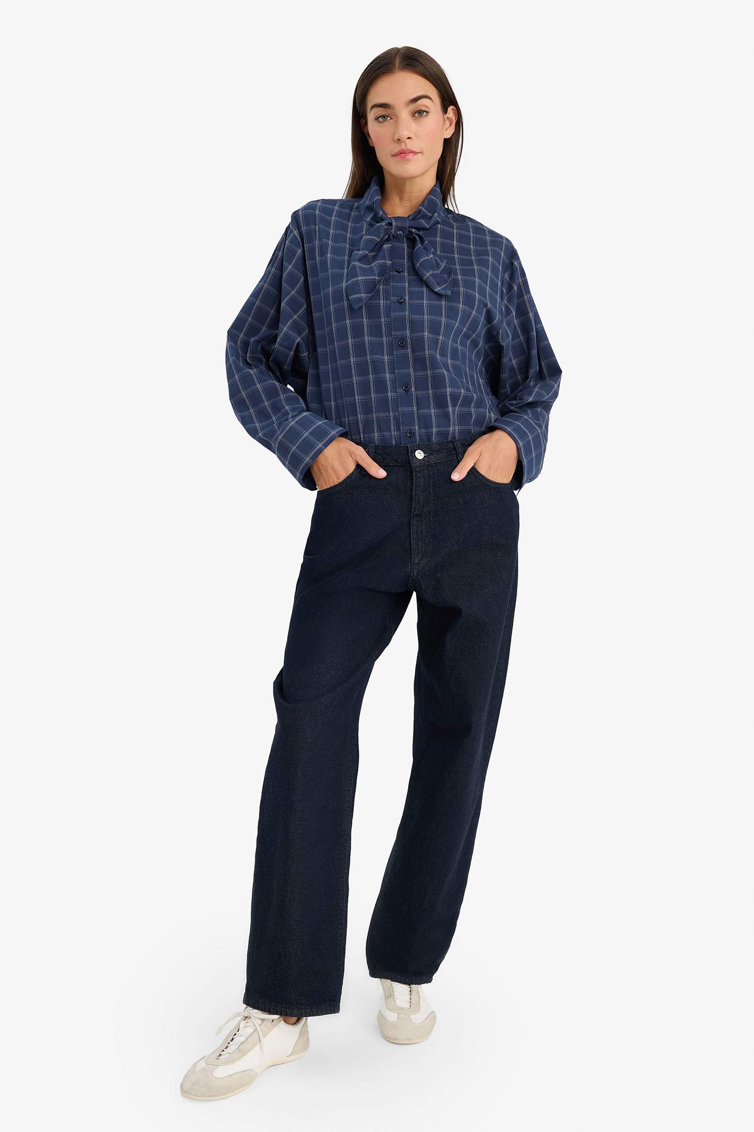 قميص كاروهات ردن طويل بوبلين اوفر سايز