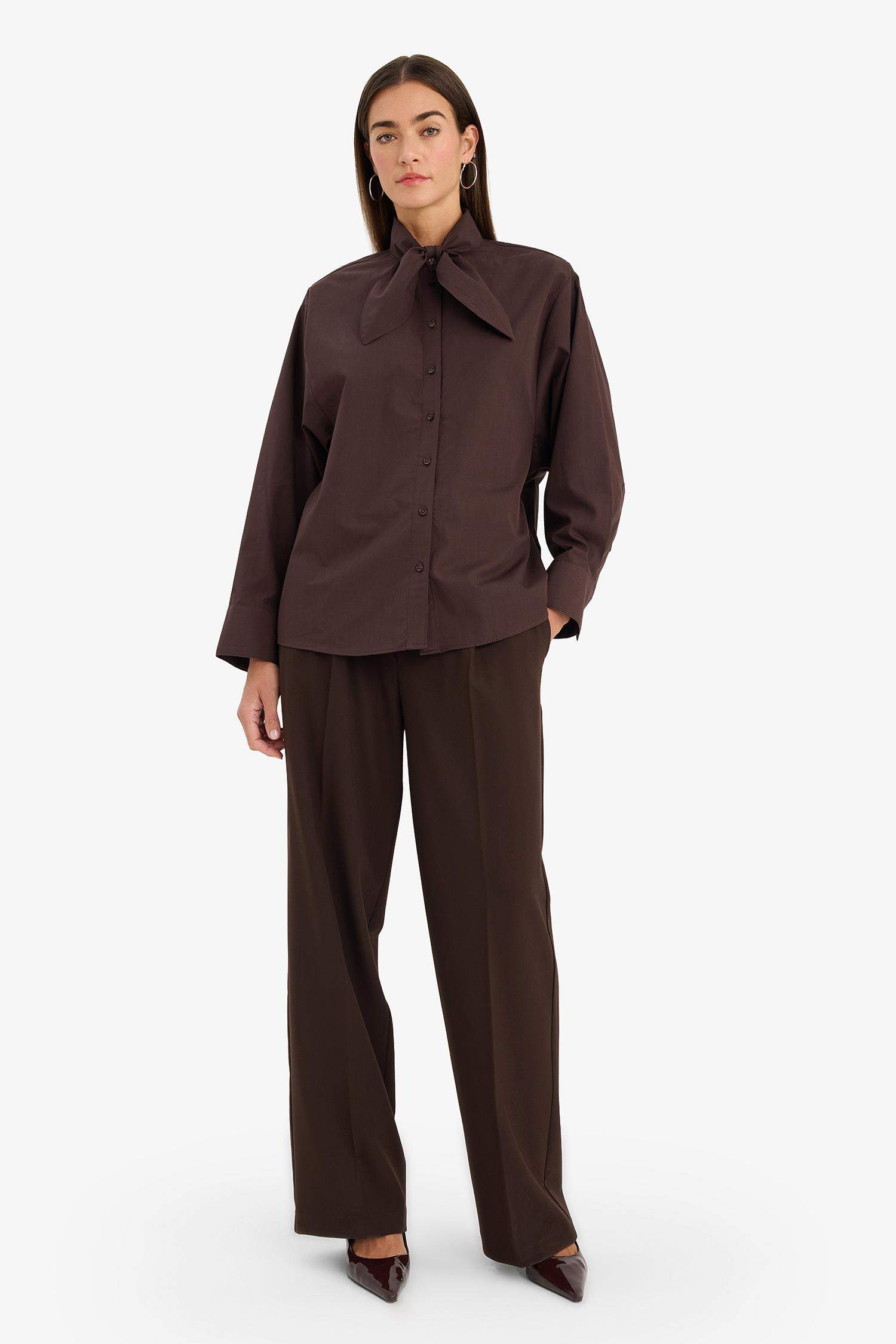 Oversıze Fular Yaka Poplin Uzun Kollu Gömlek