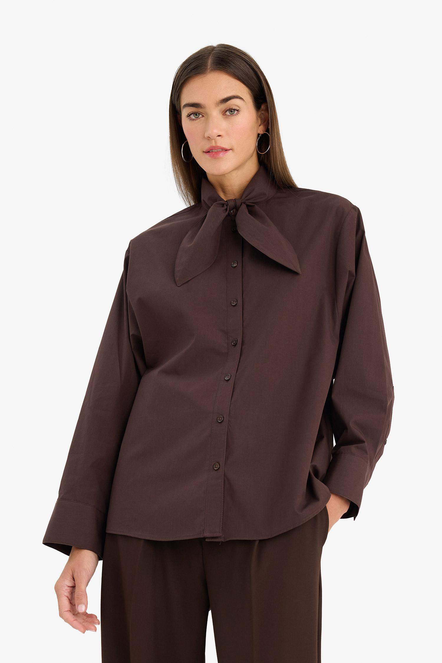 Oversıze Fular Yaka Poplin Uzun Kollu Gömlek