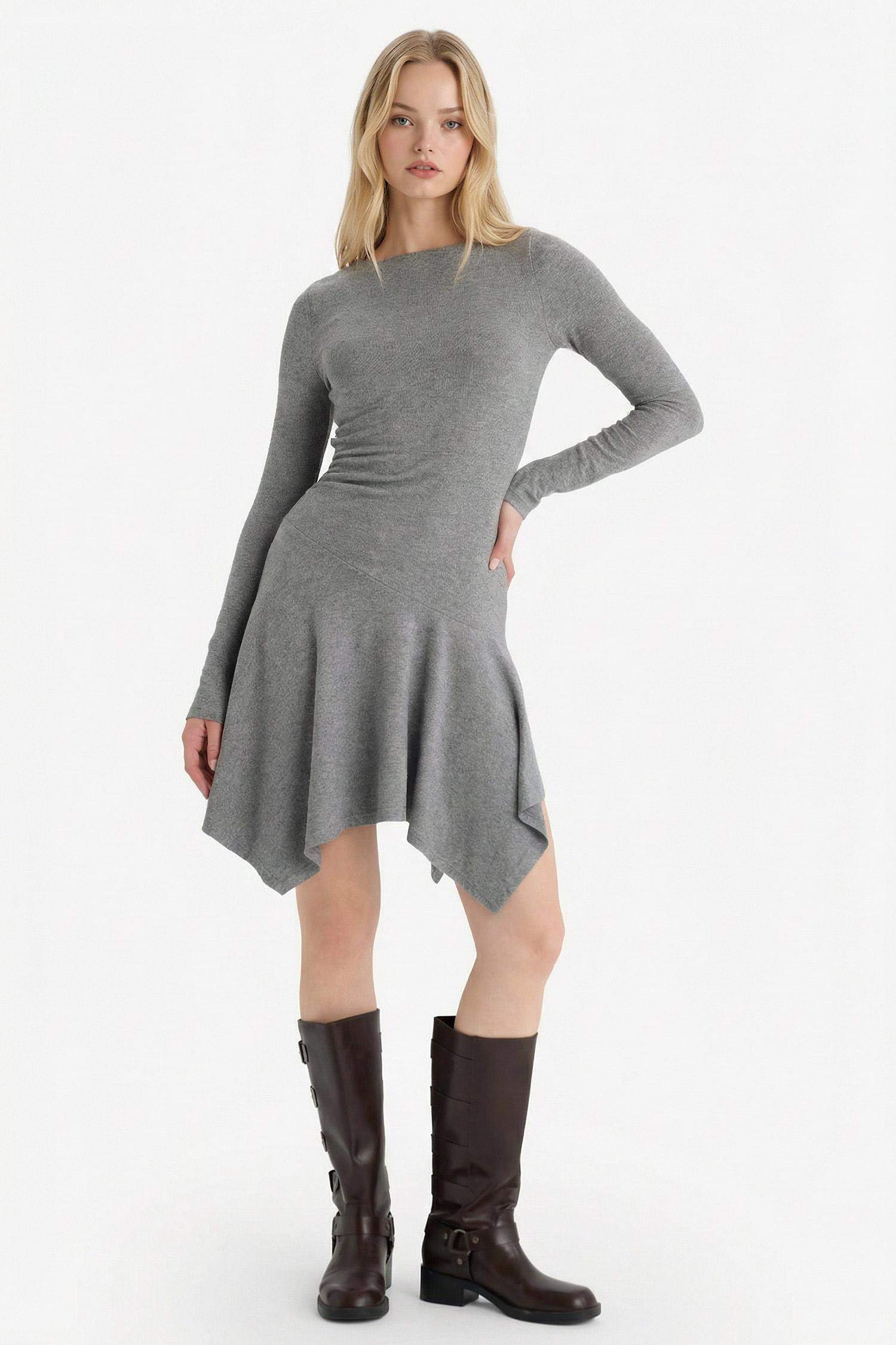 Bisiklet Yaka Uzun Kollu Midi Elbise