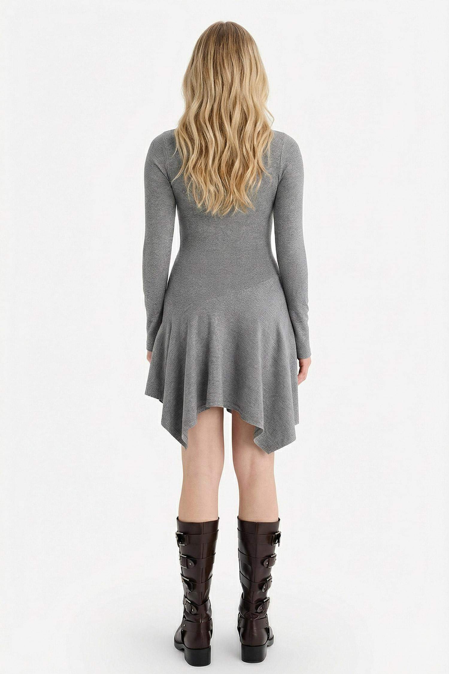 Bisiklet Yaka Uzun Kollu Midi Elbise