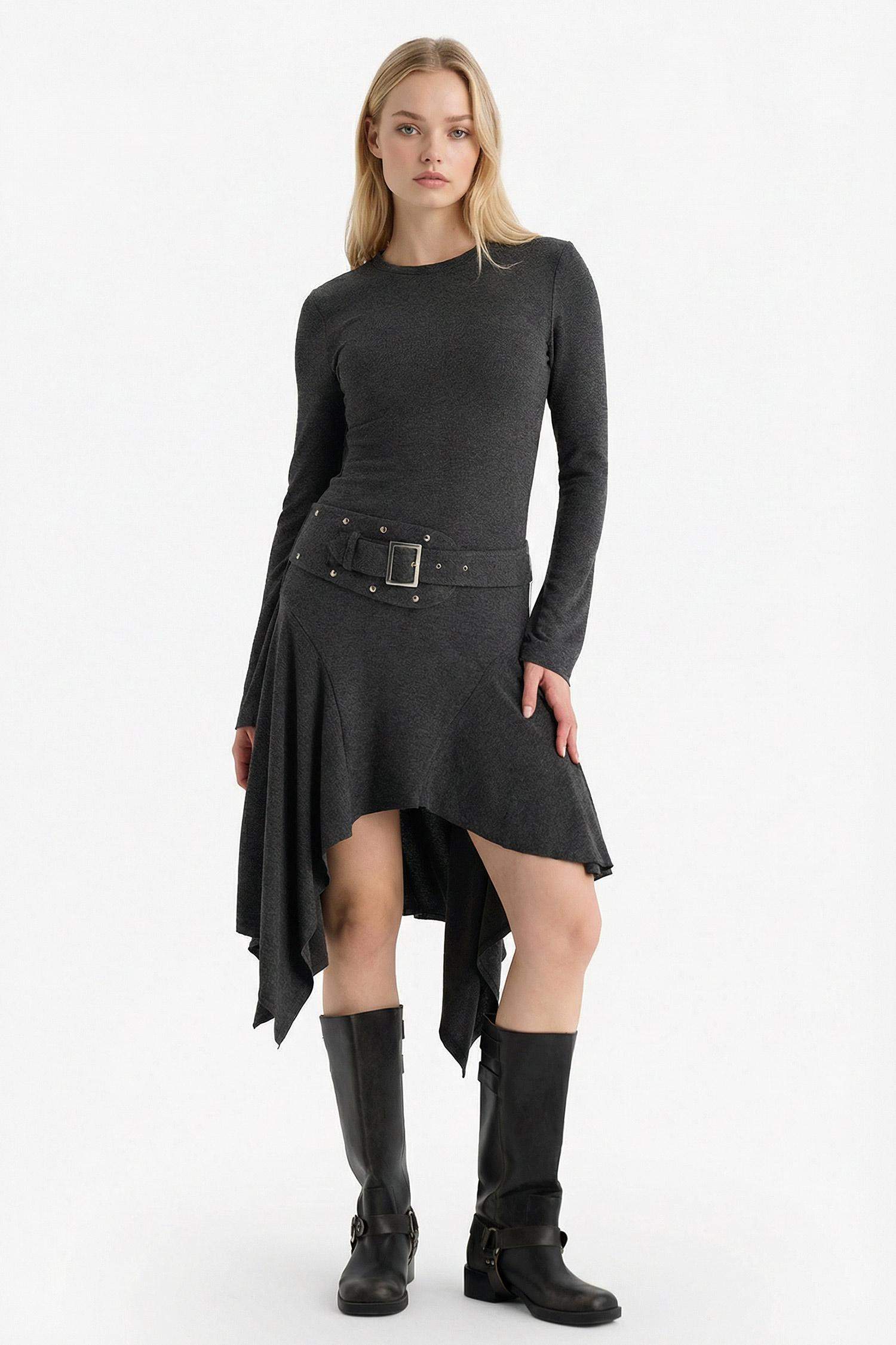 Bisiklet Yaka Uzun Kollu Mini Elbise