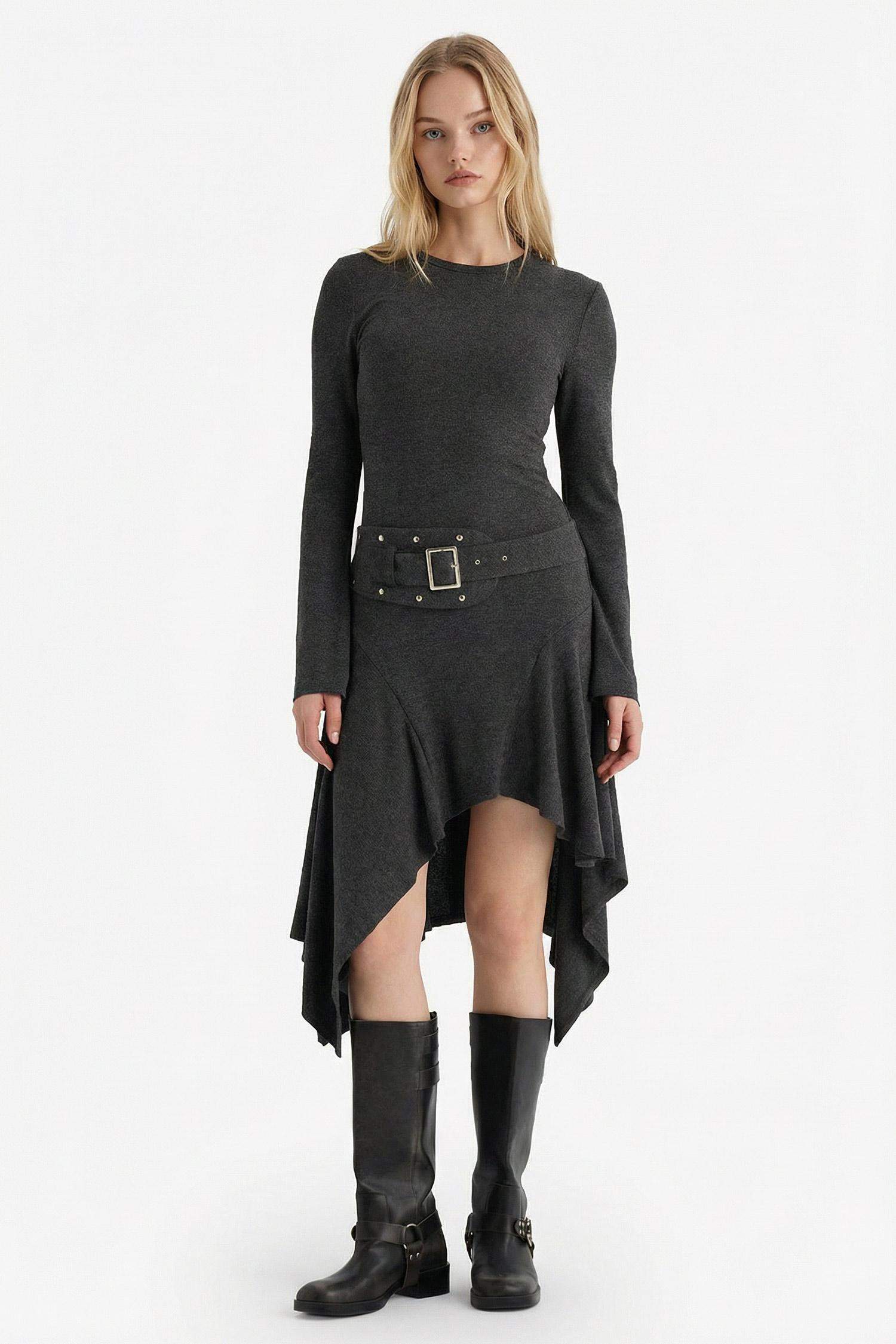 Bisiklet Yaka Uzun Kollu Mini Elbise