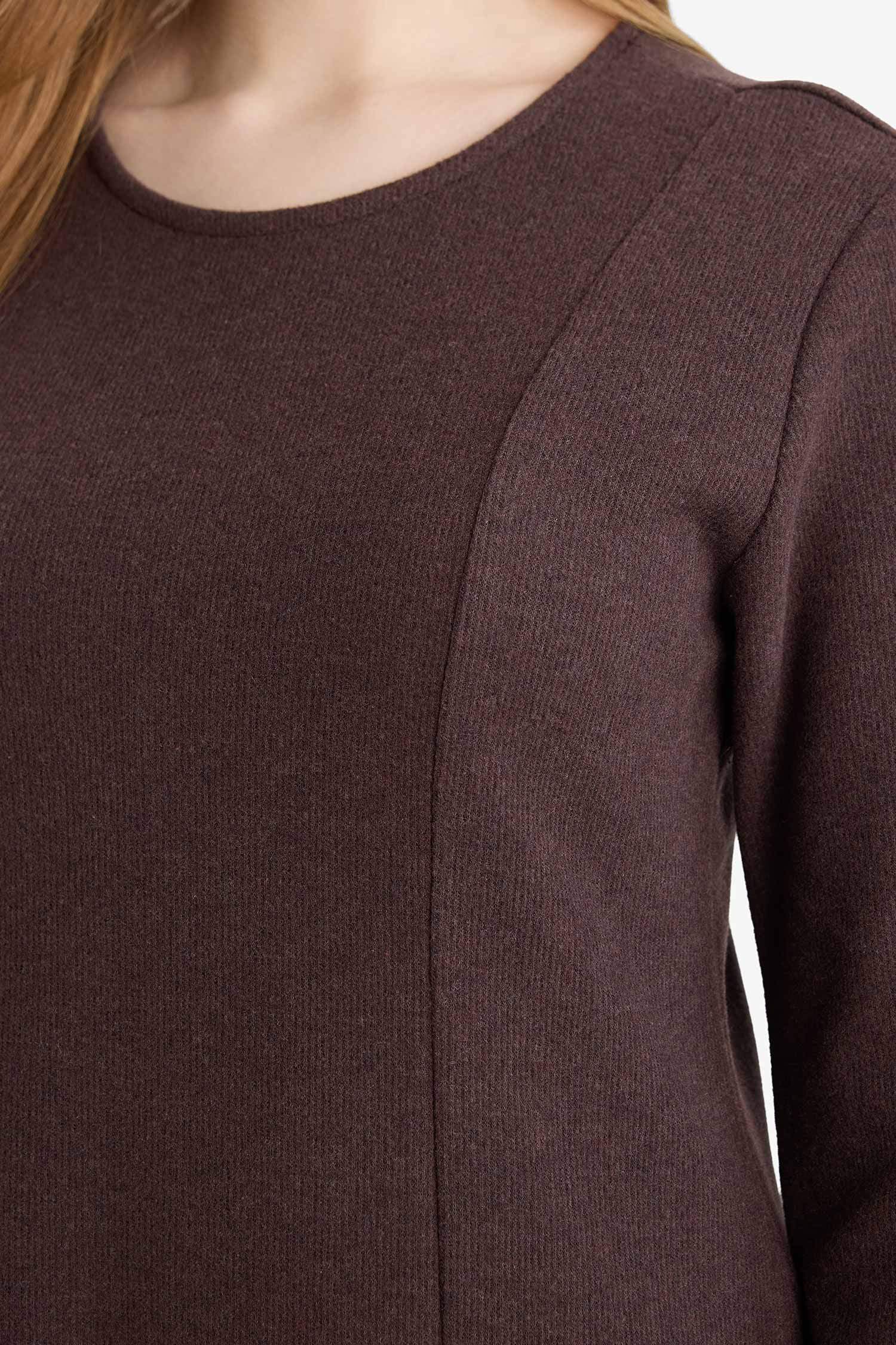 Bisiklet Yaka Uzun Kollu Selanik Kumaş Maxi Elbise