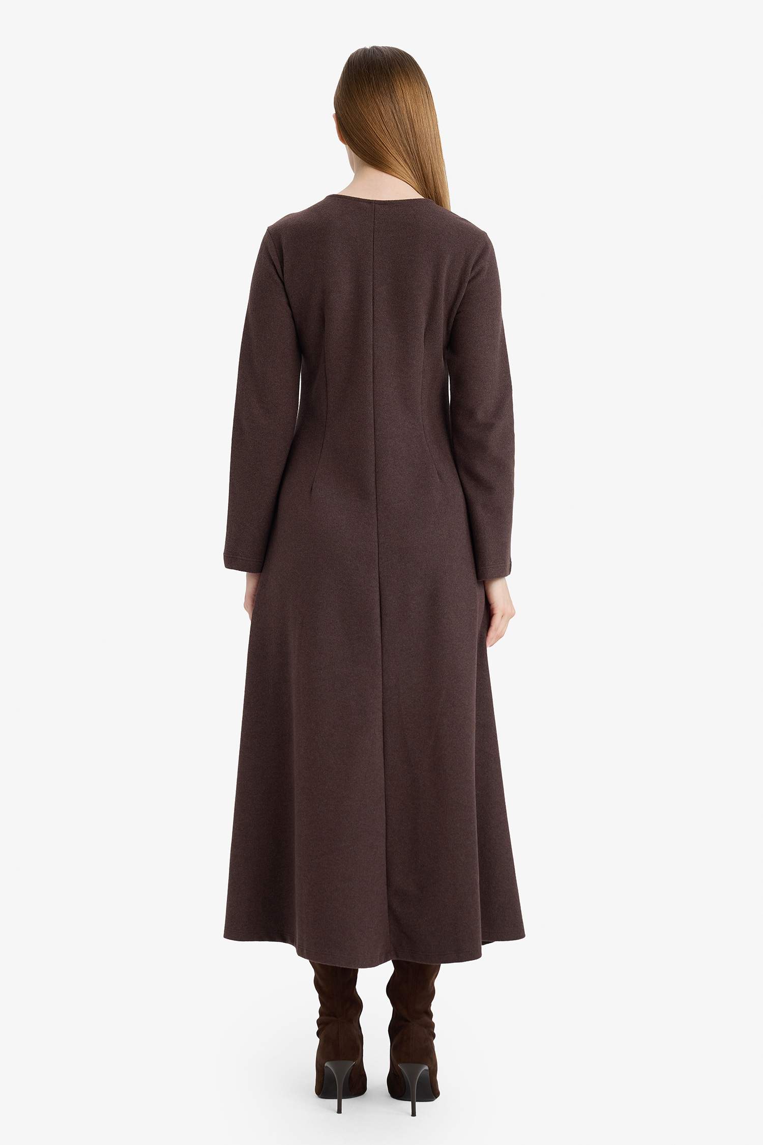 Bisiklet Yaka Uzun Kollu Selanik Kumaş Maxi Elbise