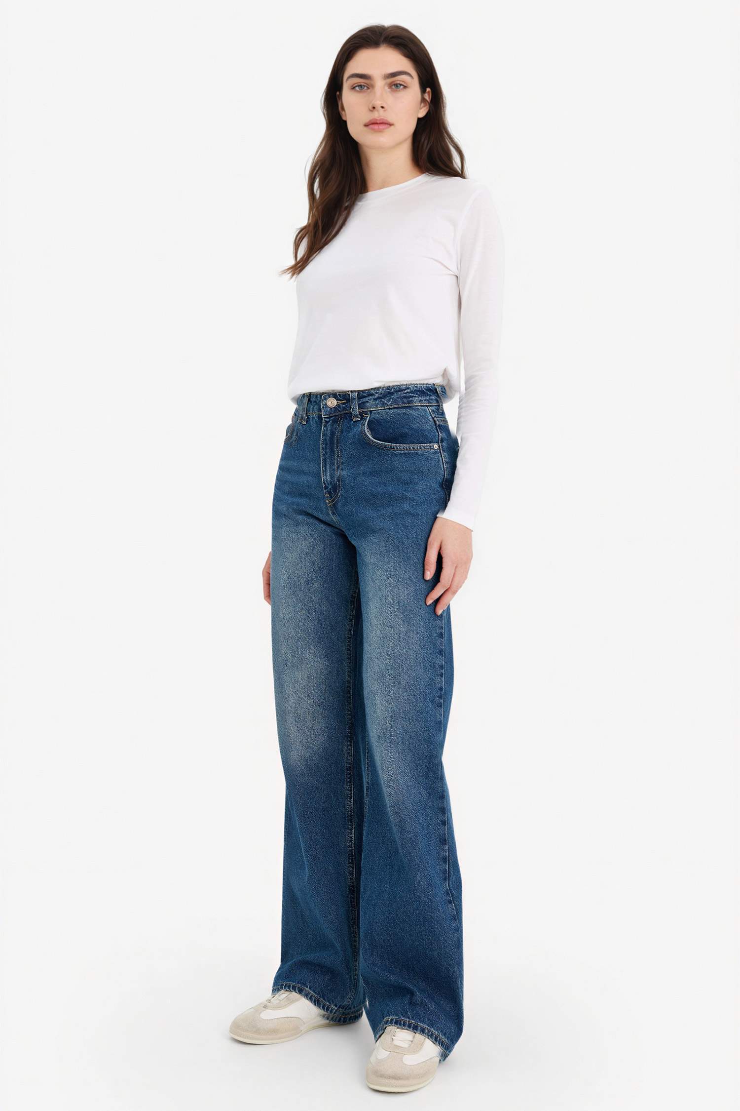 Straight Wide жоғары белді жуылған эффектісі бар ұзын джинс шалбар