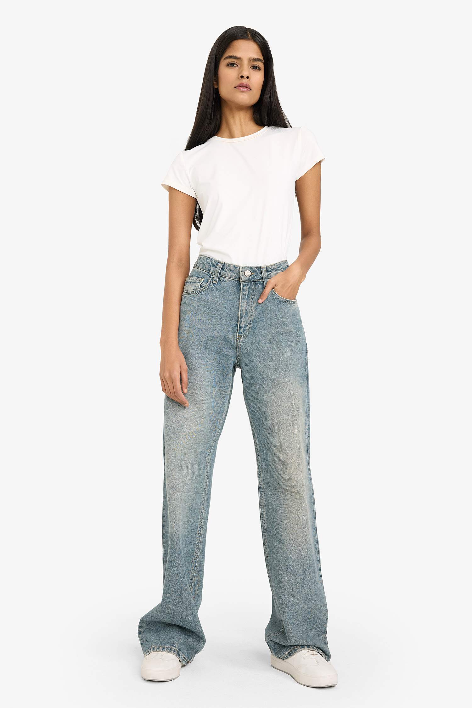 Straight Wide Yüksek Bel Uzun Jean Yıkamalı Pantolon