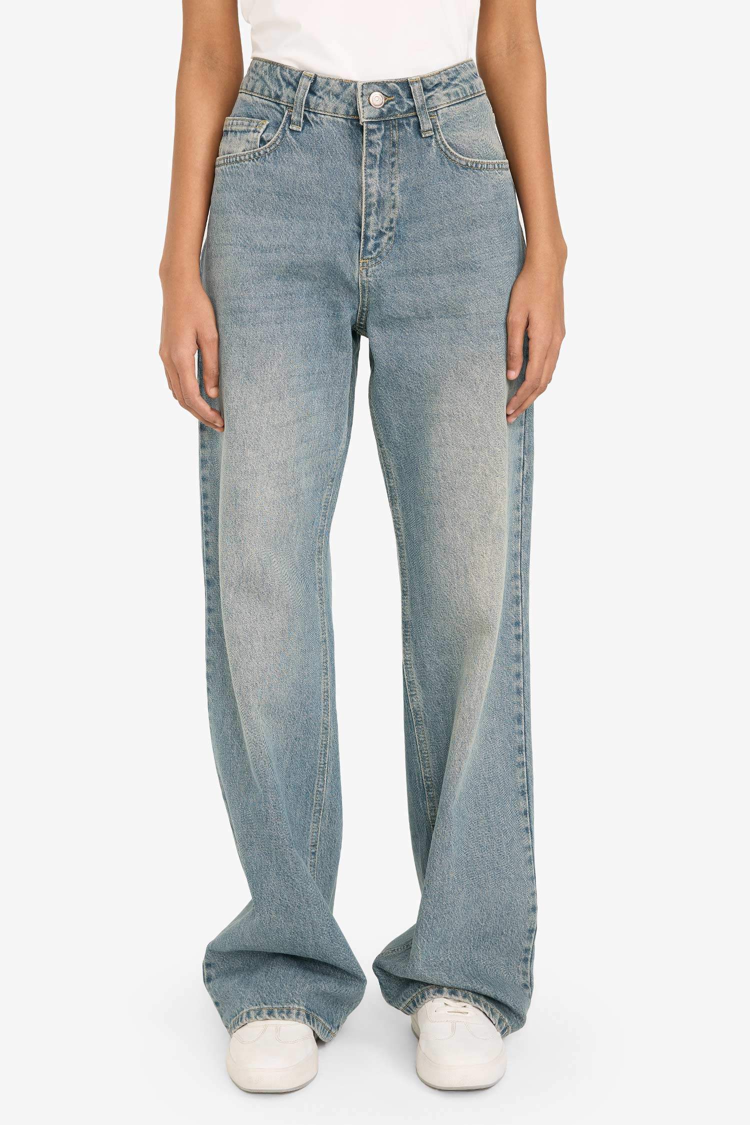 Straight Wide Yüksek Bel Uzun Jean Yıkamalı Pantolon