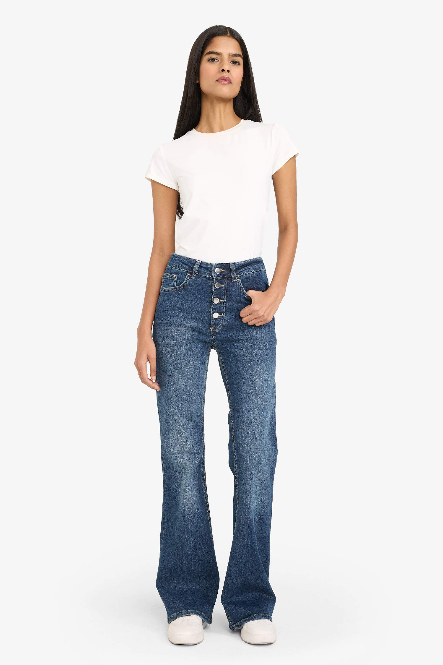 Mia Flare Fit Normal Bel Uzun Jean Yıkamalı Pantolon