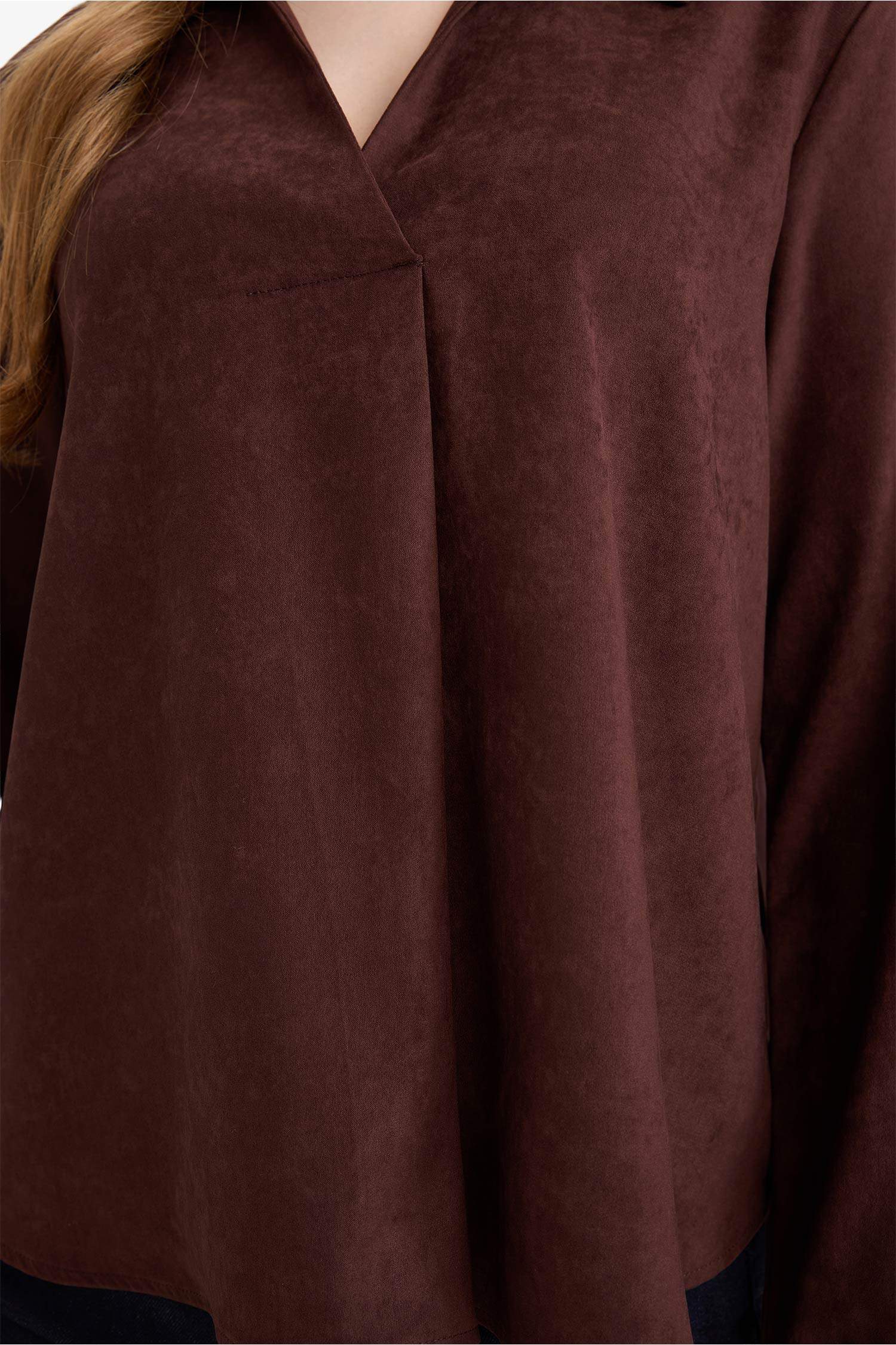 Relax Fit Gömlek Yaka Süet Uzun Kollu Bluz