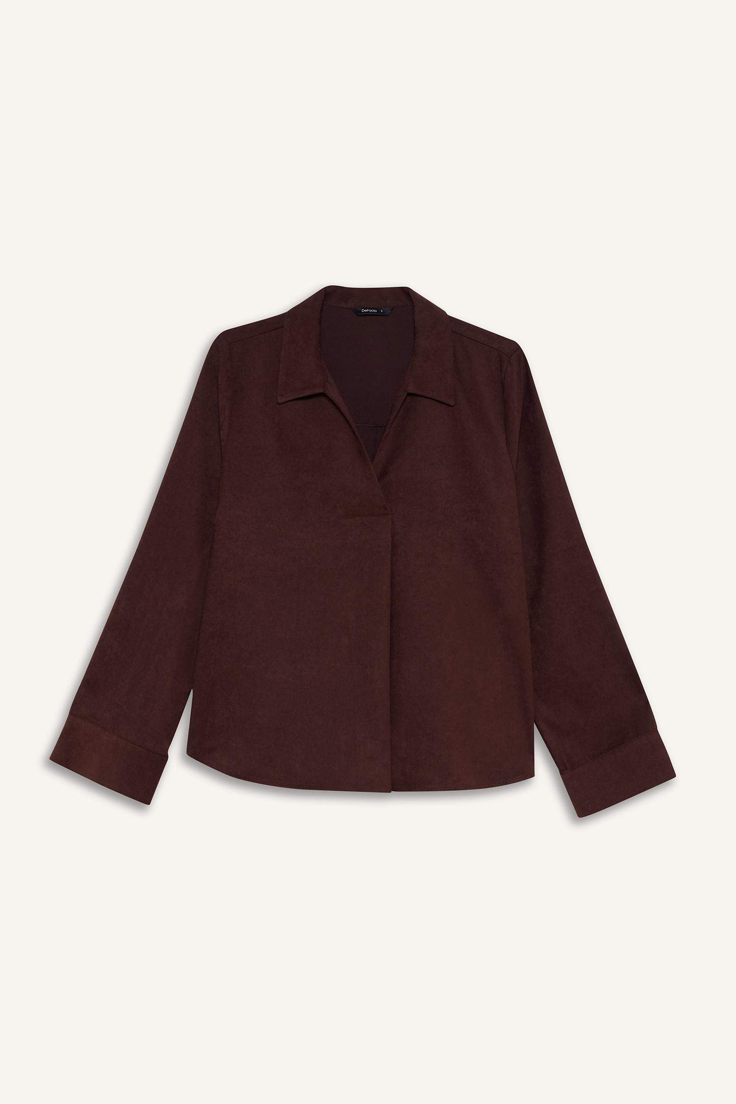 Relax Fit Gömlek Yaka Süet Uzun Kollu Bluz