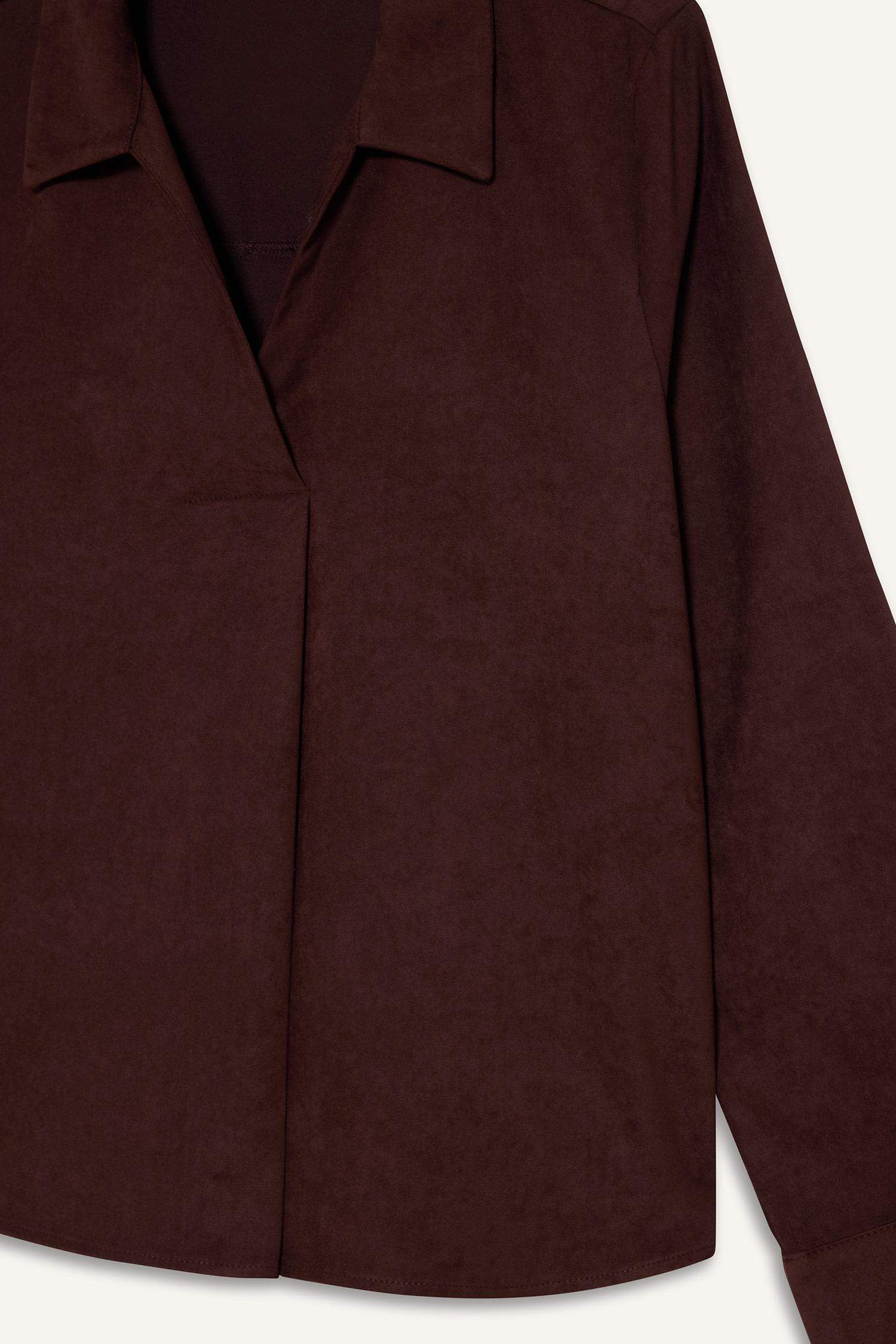 Relax Fit Gömlek Yaka Süet Uzun Kollu Bluz