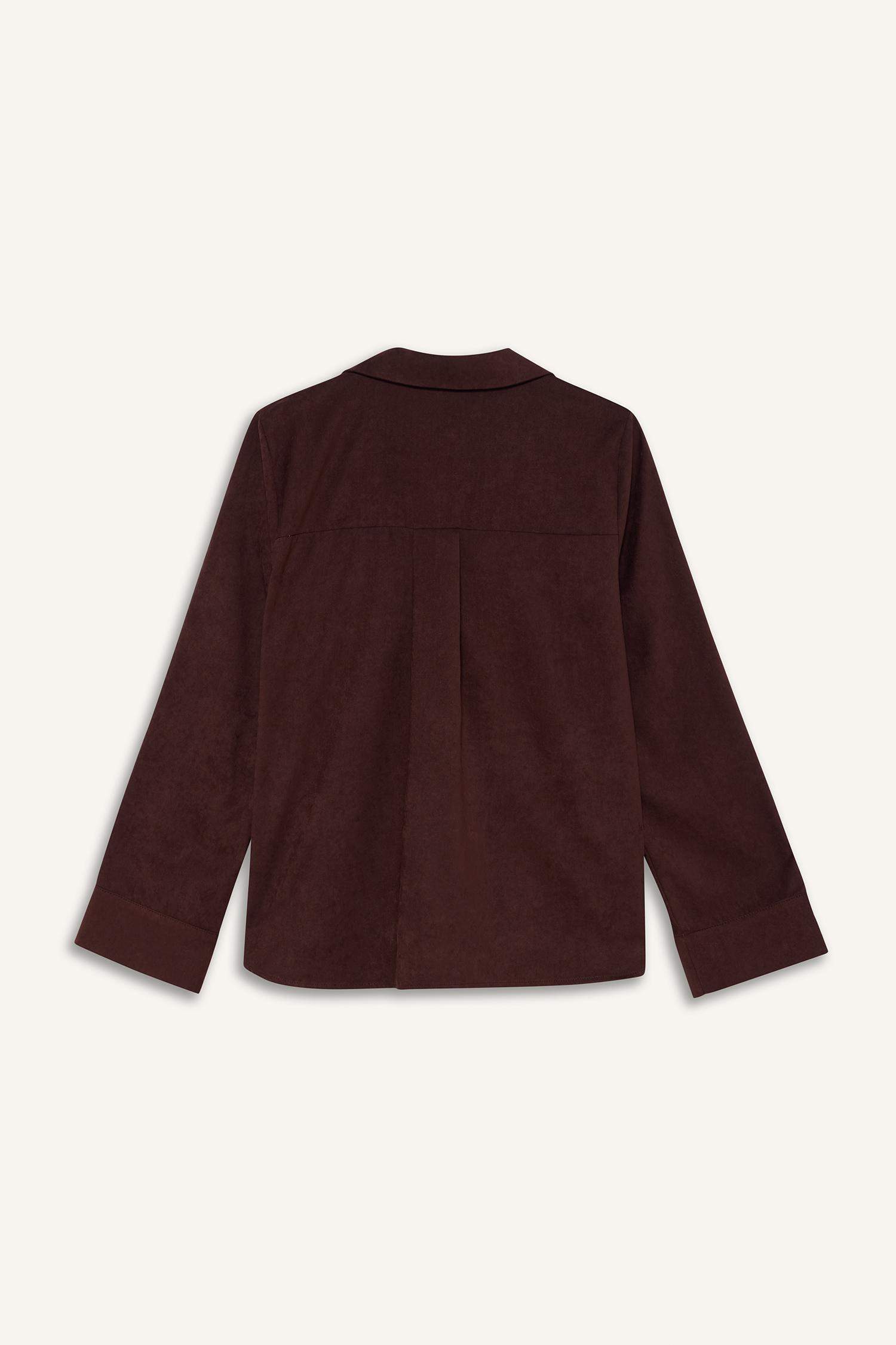 Relax Fit Gömlek Yaka Süet Uzun Kollu Bluz