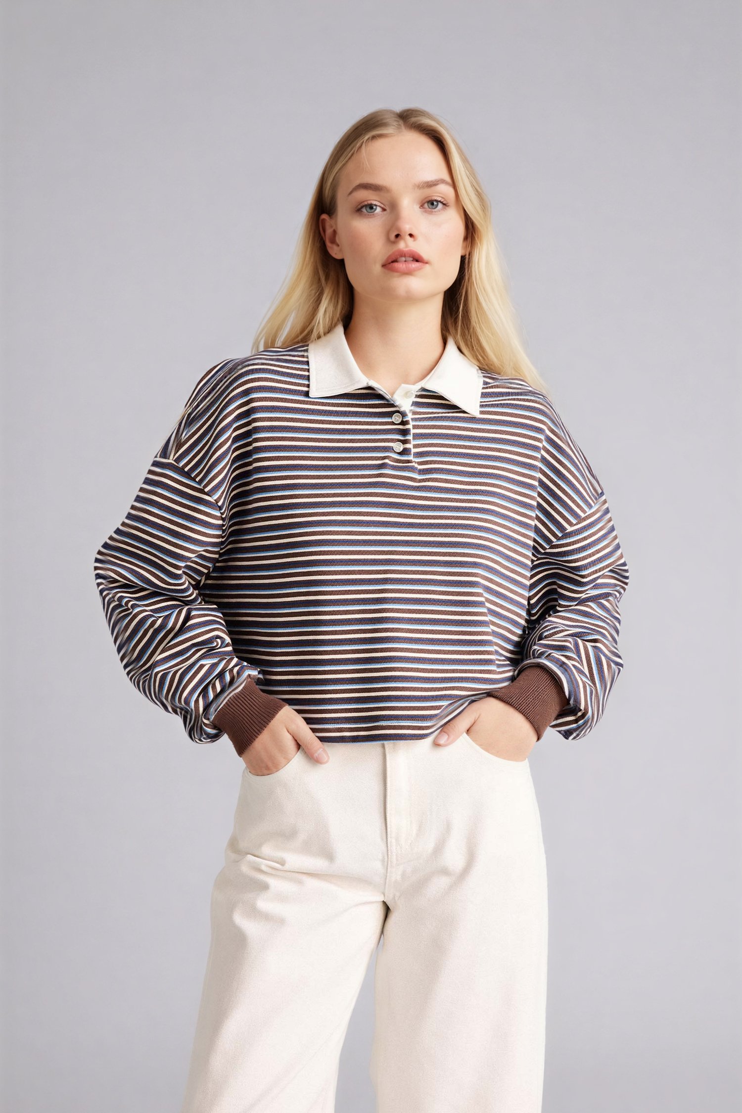 DeFacto %100 Pamuk Loose Fıt Çizgili Sweatshirt görsel 3