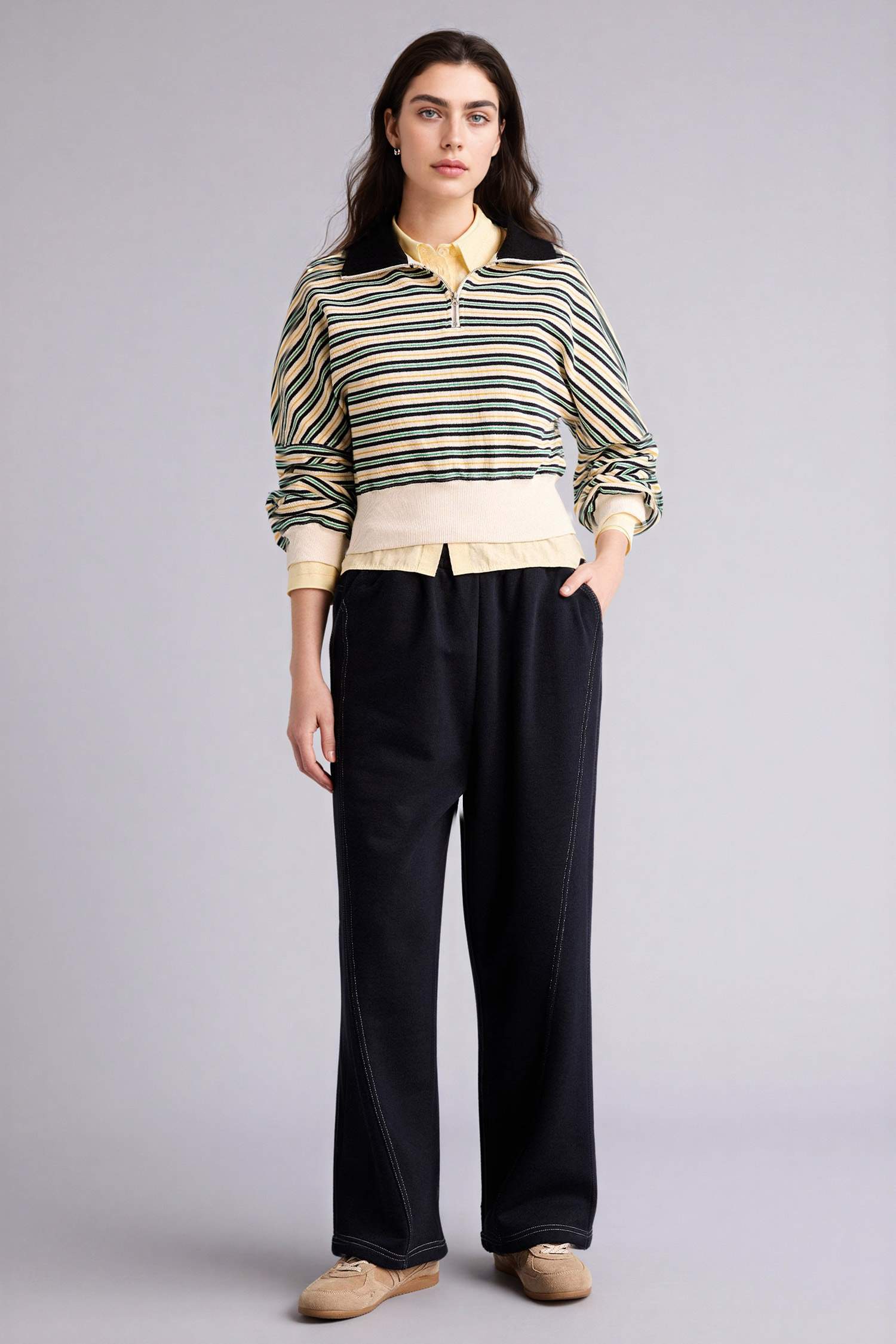 Yarım Fermuarlı Çizgili Sweatshirt