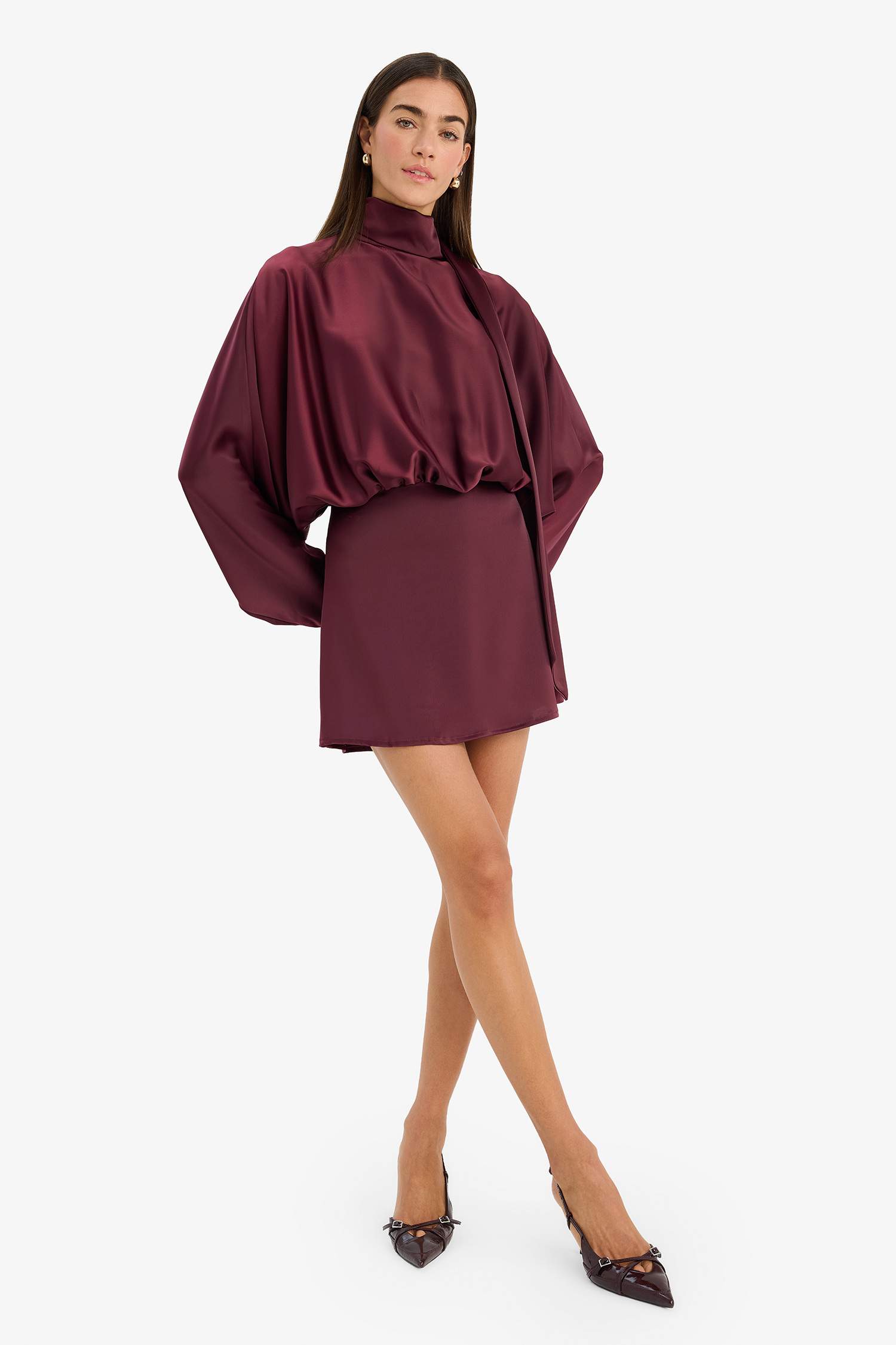 Yarasa Kol Saten Mini Elbise