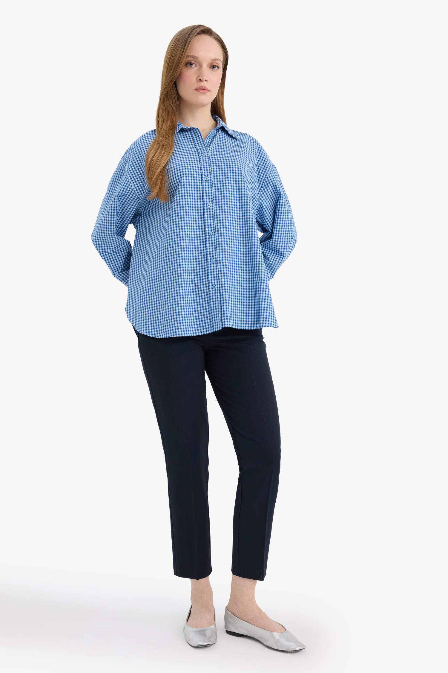 قميص كاروهات بوبلين ردن طويل قصة عادية