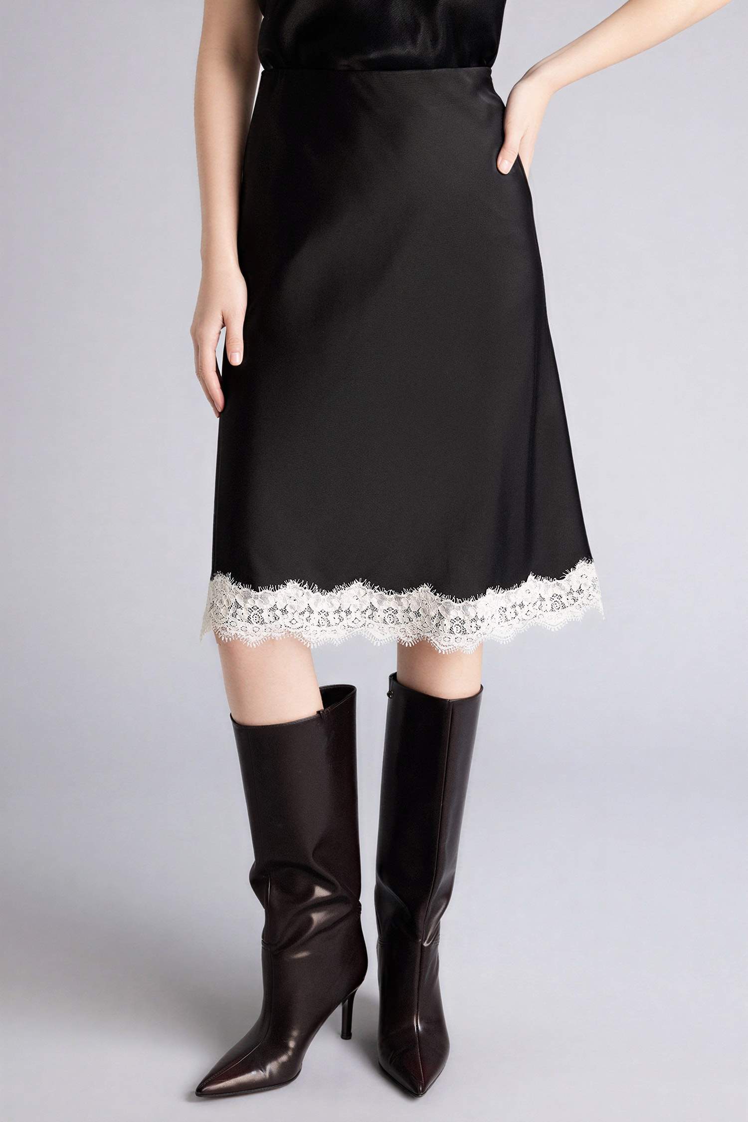 Black WOMAN Regular Waist Lace Satin Midi Skirt 3479281 | DeFacto