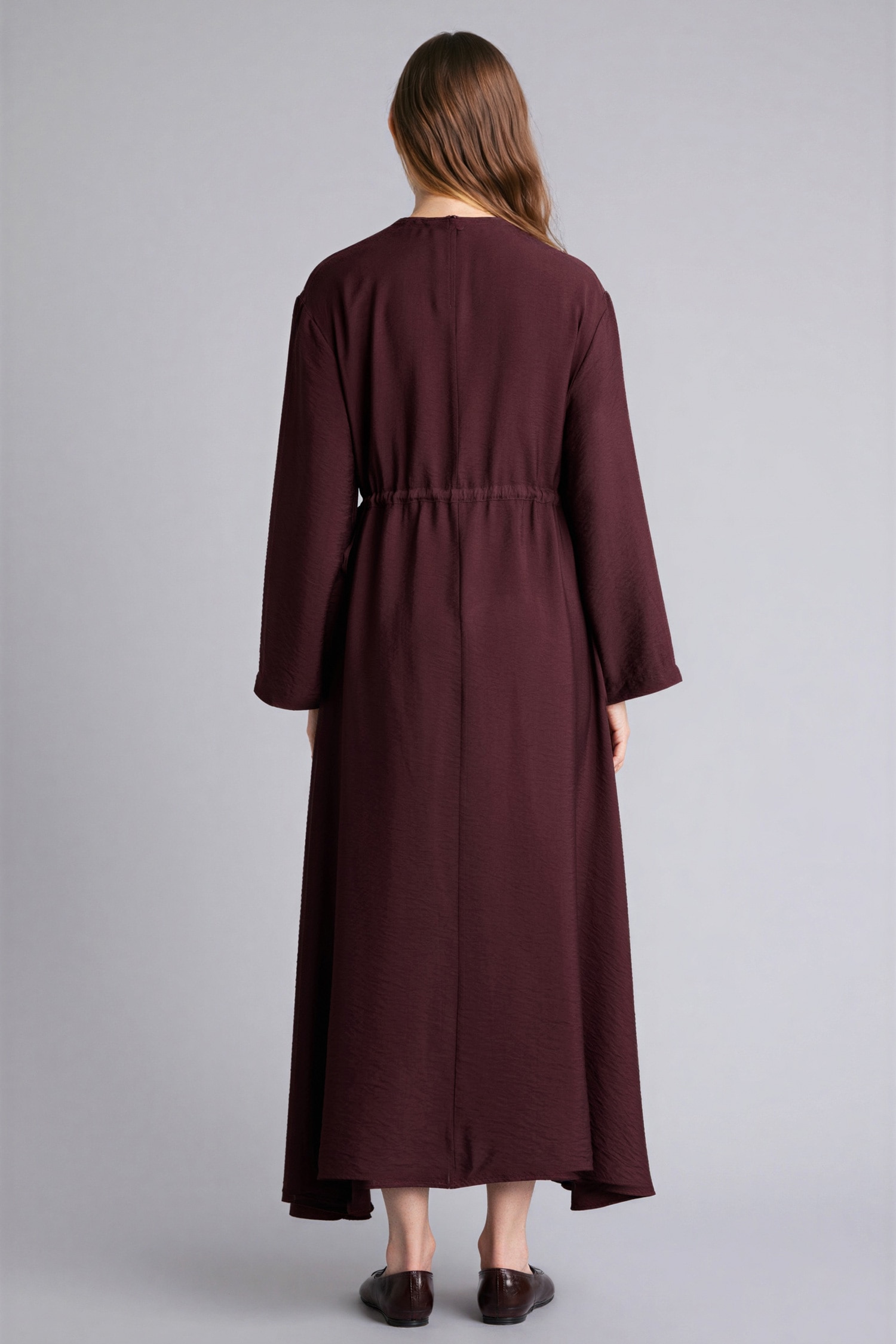 Bordo Kadın Beli Lastikli Midi Elbise 3408002