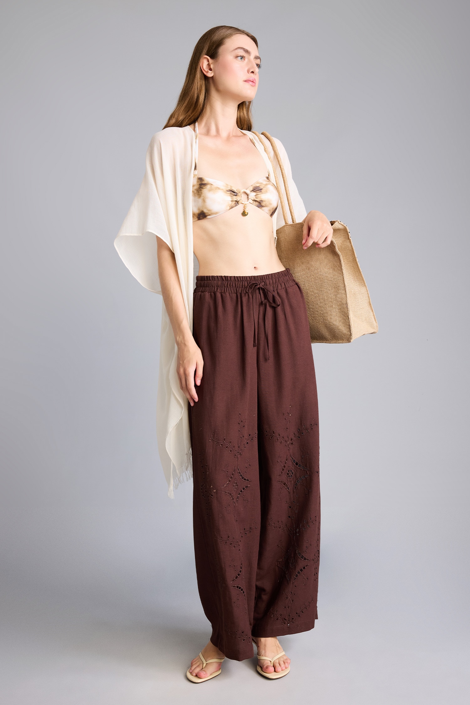 DeFacto Regular Fıt Pamuklu Wide Leg Plaj Pantolonu