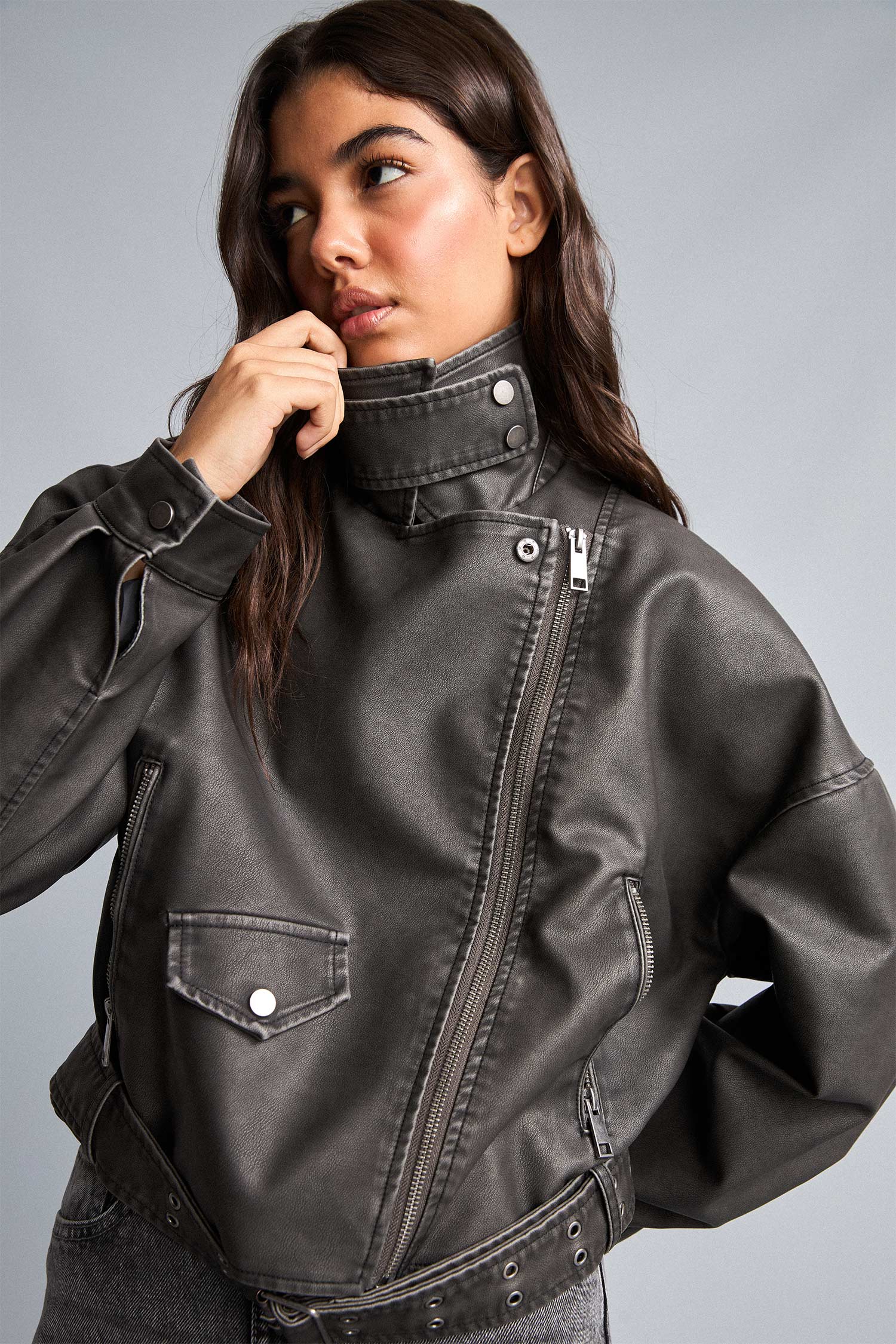 DeFacto Kemerli Oversize Suni Deri Ceket Mont