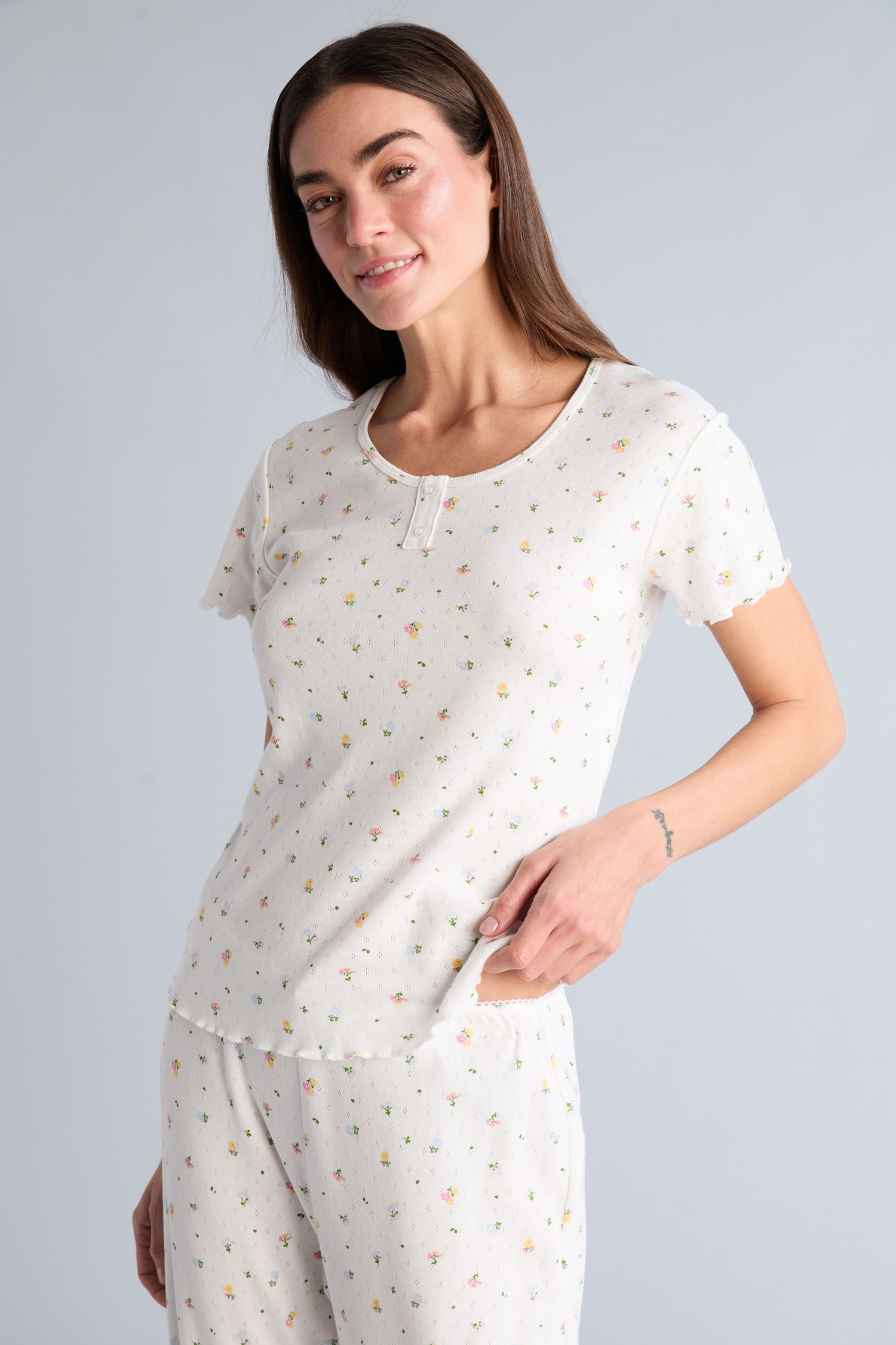 DeFacto %100 Pamuk Regular Fıt Kısa Kollu Desenli Pijama Takımı görsel 3