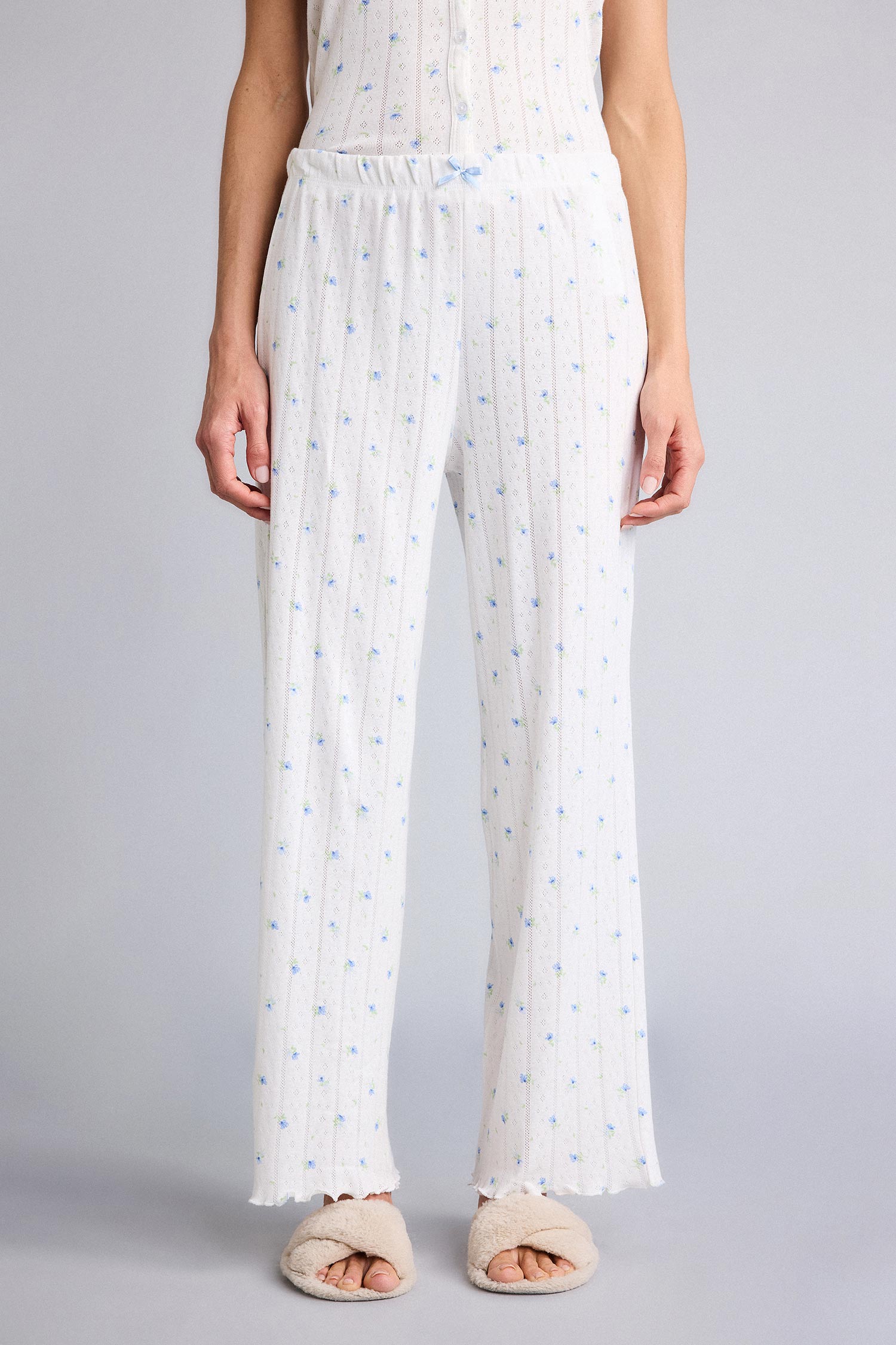 DeFacto %100 Pamuk Regular Fıt Uzun Kollu Baskılı Ekru Pijama Takımı görsel 5