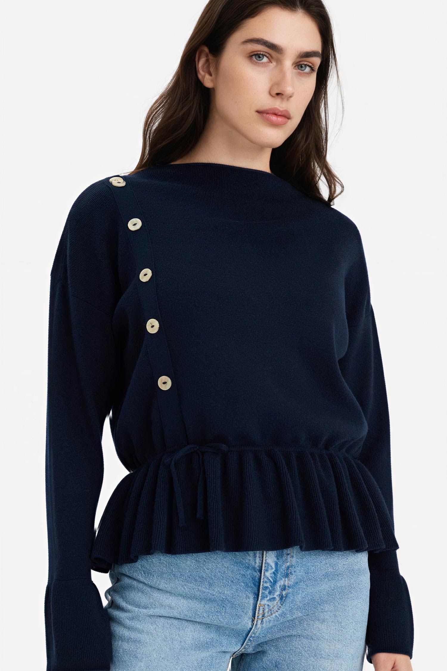 DeFacto Kayık Yaka Düğmeli Peplum Basic Kazak