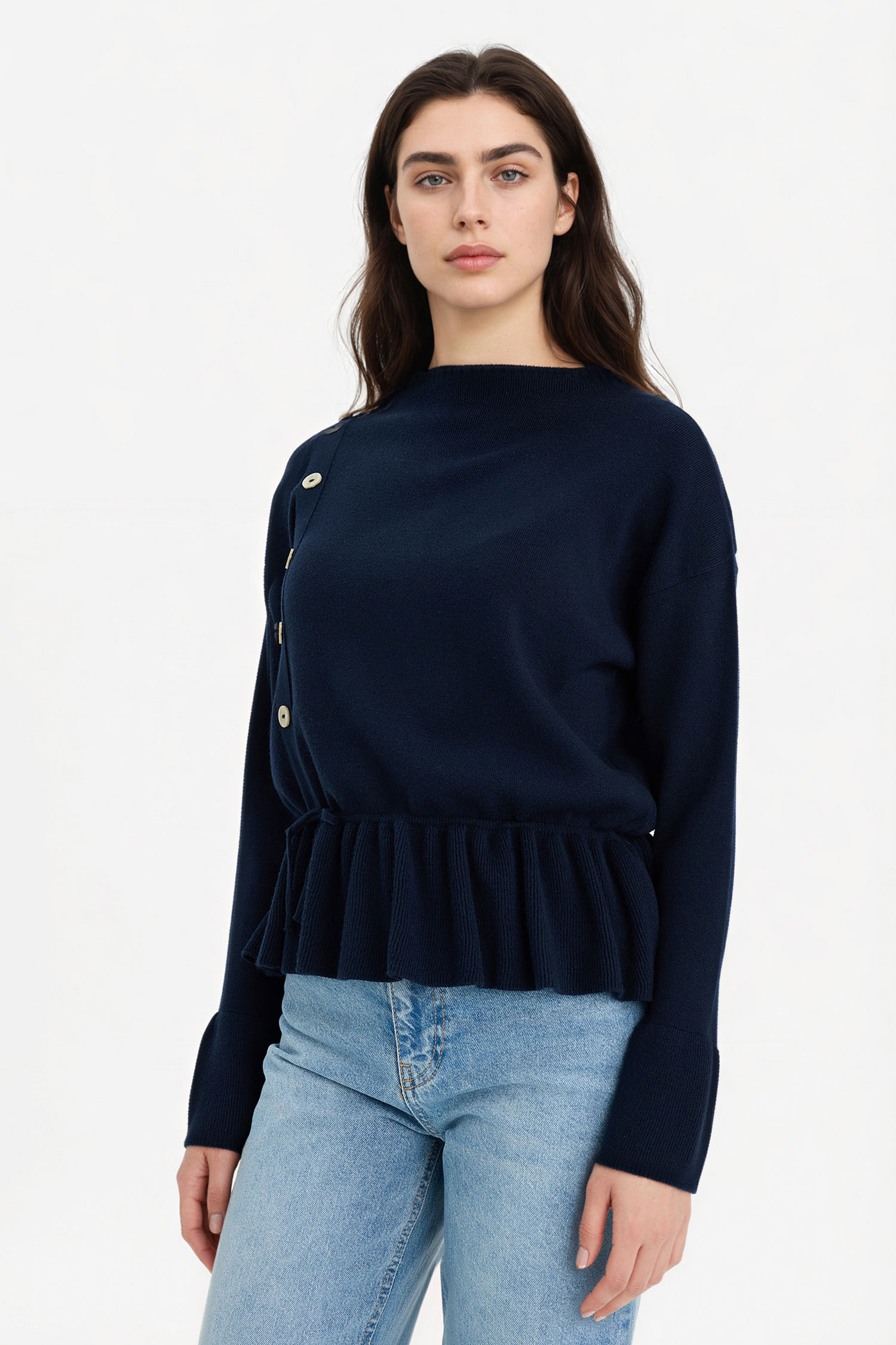 DeFacto Kayık Yaka Düğmeli Peplum Basic Kazak görsel 3