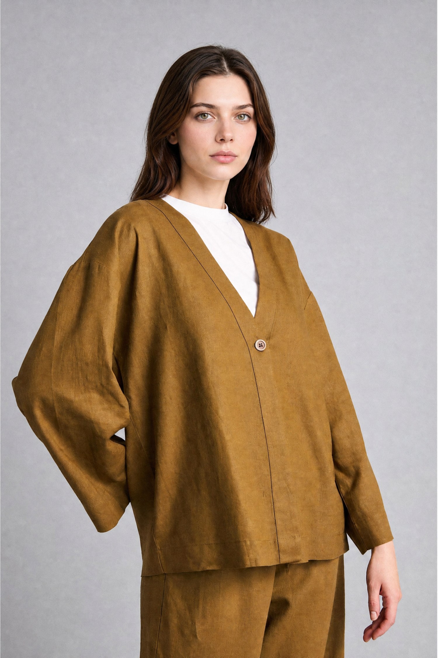 DeFacto Regular Fıt V Yaka Keten Kimono görsel 3
