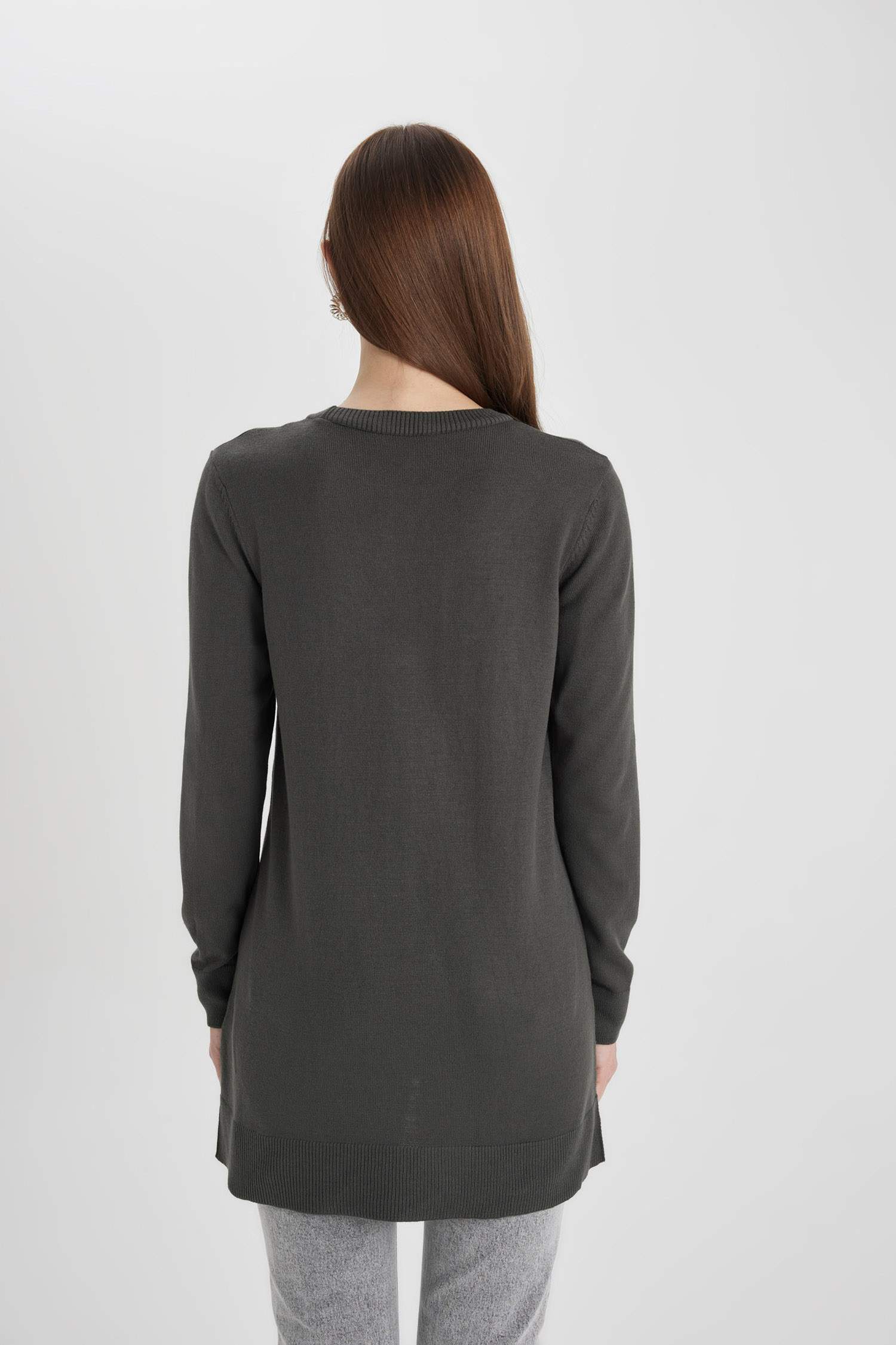 Regular Fit Crew Neck Slit Basic Knitted Pullover Tunic