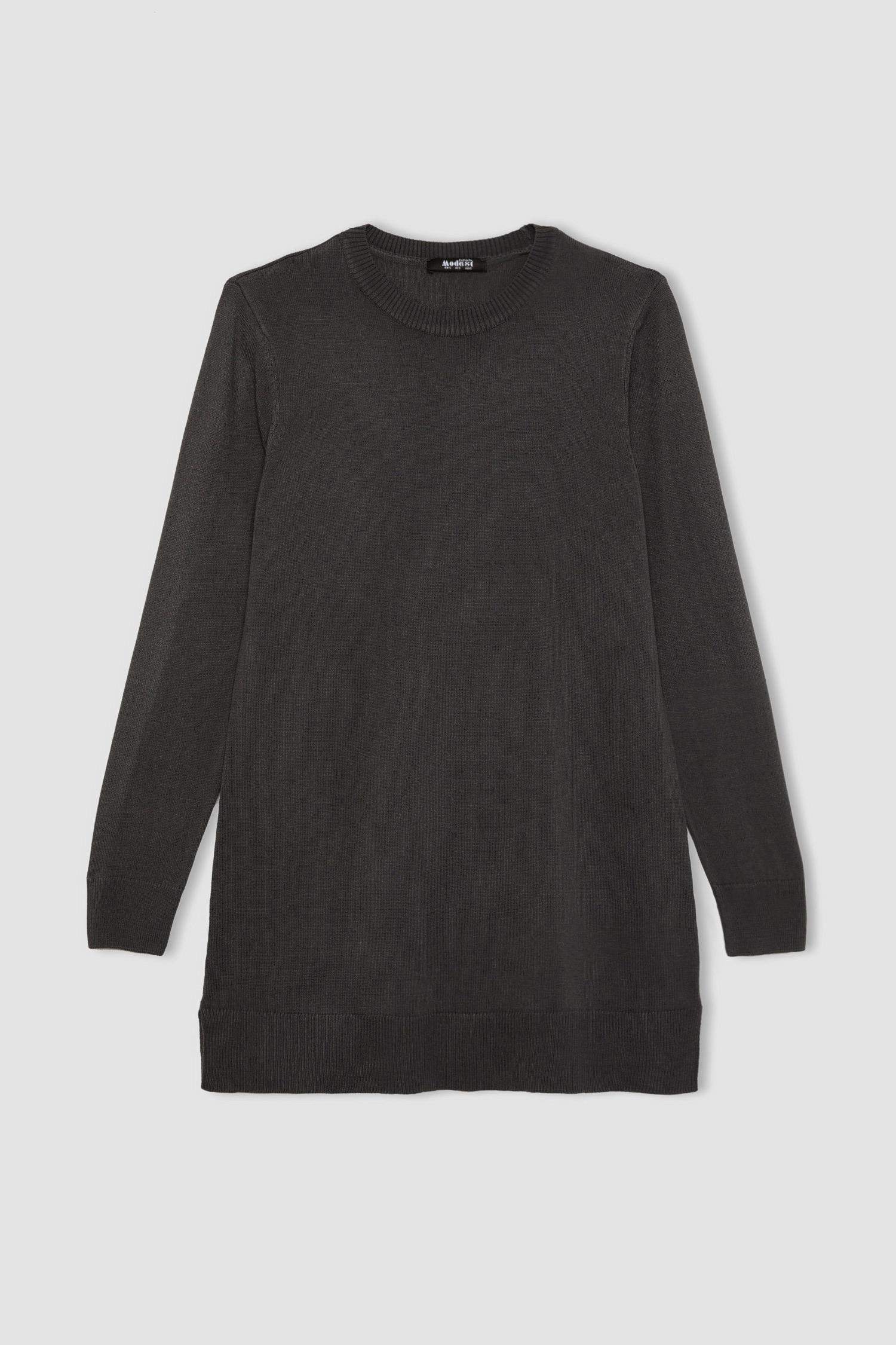 Regular Fit Crew Neck Slit Basic Knitted Pullover Tunic