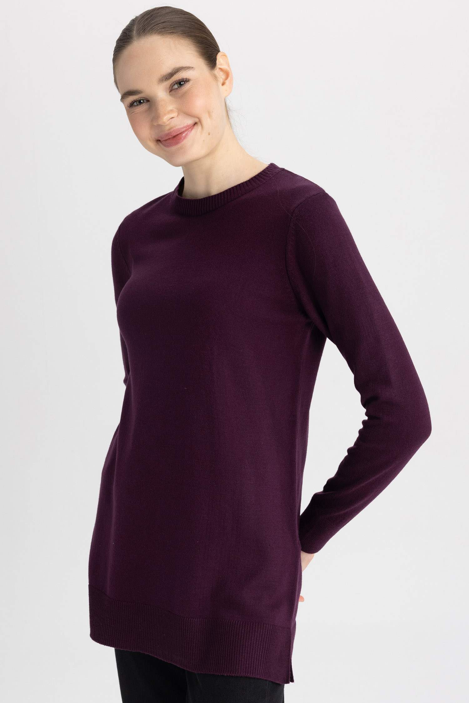 Regular Fit Bisiklet Yaka Yırtmaçlı Basic Düz Triko Kazak Tunik