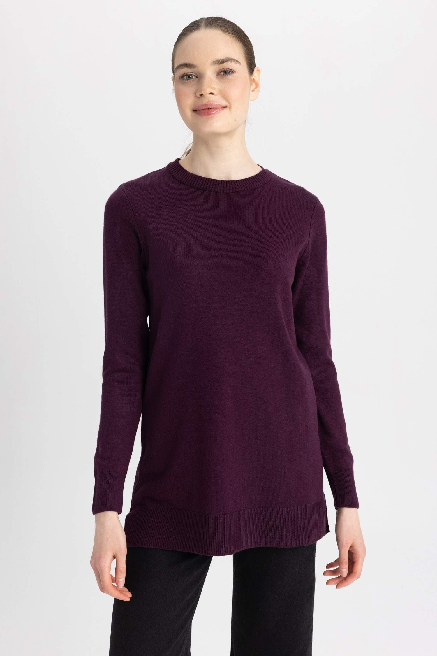 Regular Fit Bisiklet Yaka Yırtmaçlı Basic Düz Triko Kazak Tunik