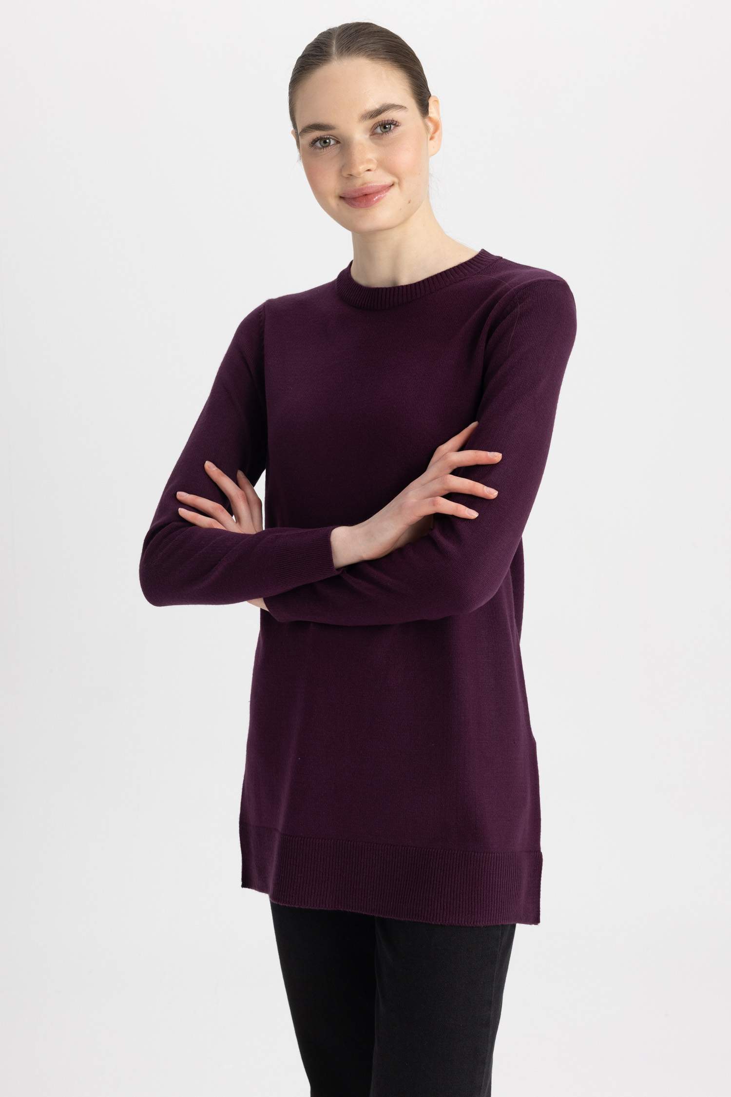 Regular Fit Bisiklet Yaka Yırtmaçlı Basic Düz Triko Kazak Tunik