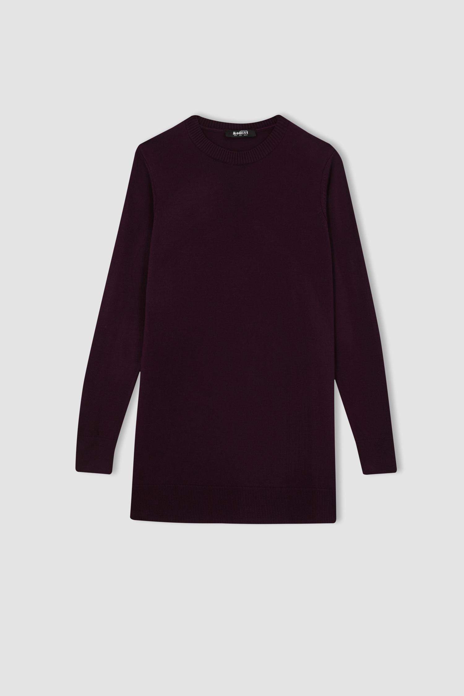 Regular Fit Bisiklet Yaka Yırtmaçlı Basic Düz Triko Kazak Tunik