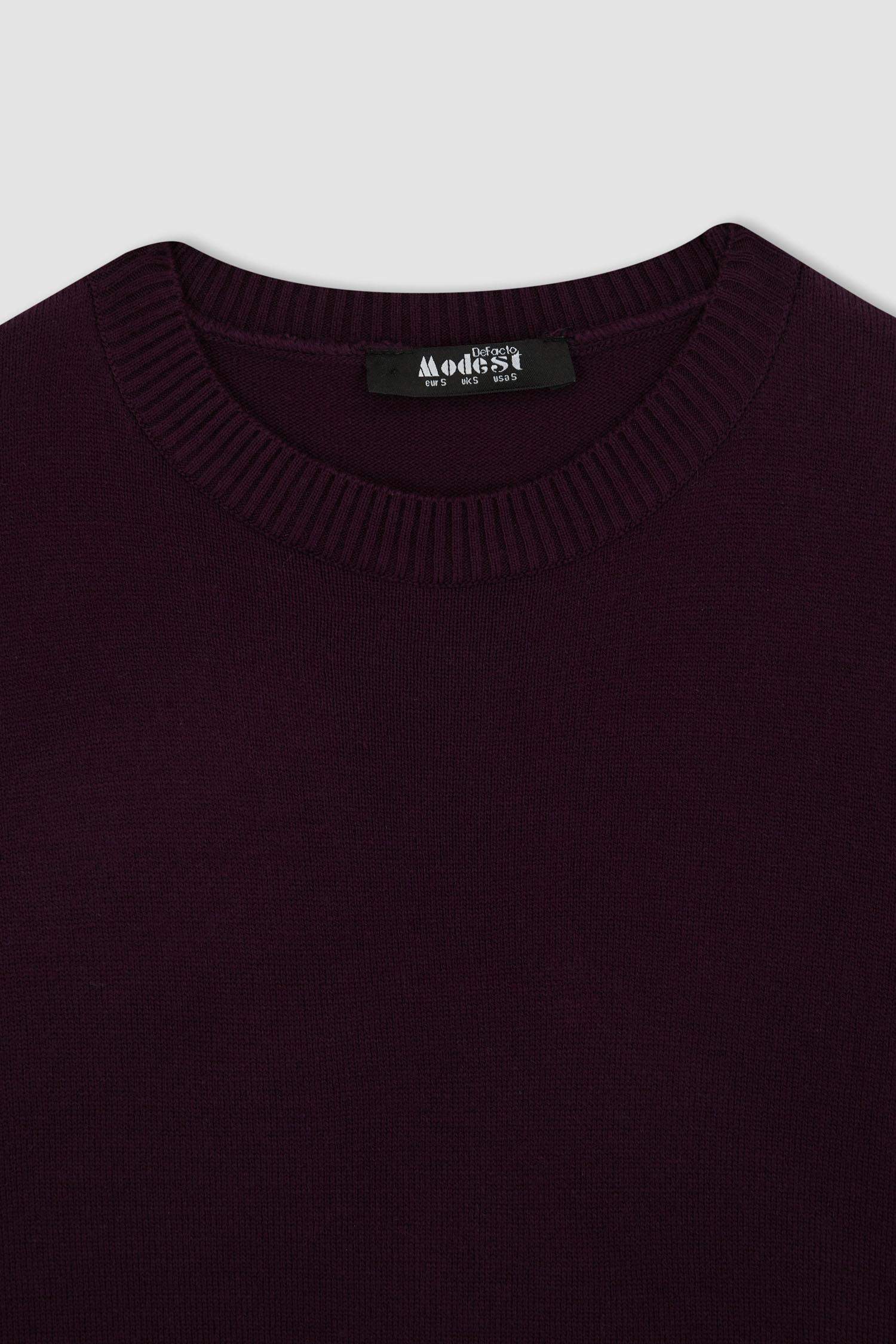 Regular Fit Bisiklet Yaka Yırtmaçlı Basic Düz Triko Kazak Tunik