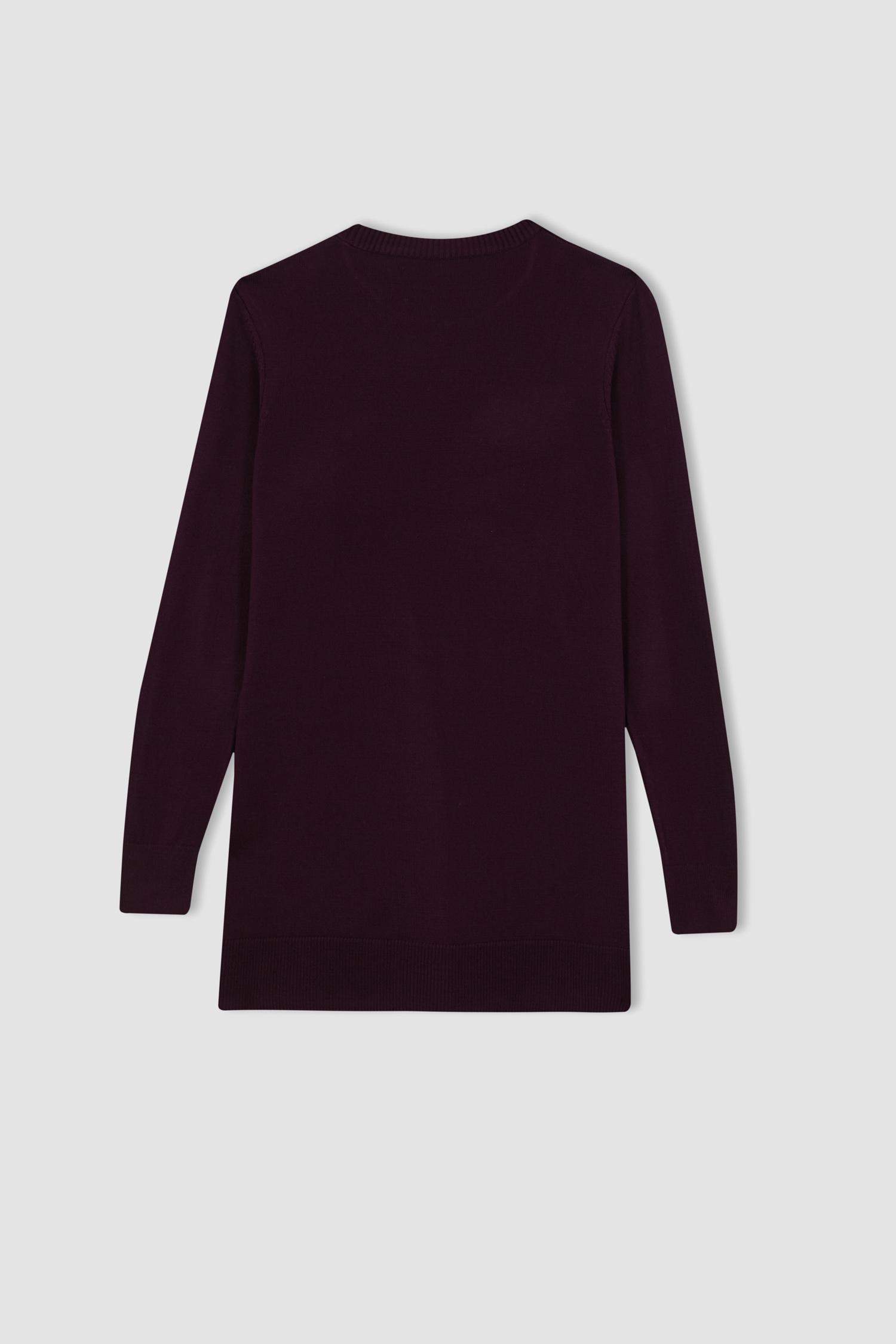 Regular Fit Bisiklet Yaka Yırtmaçlı Basic Düz Triko Kazak Tunik