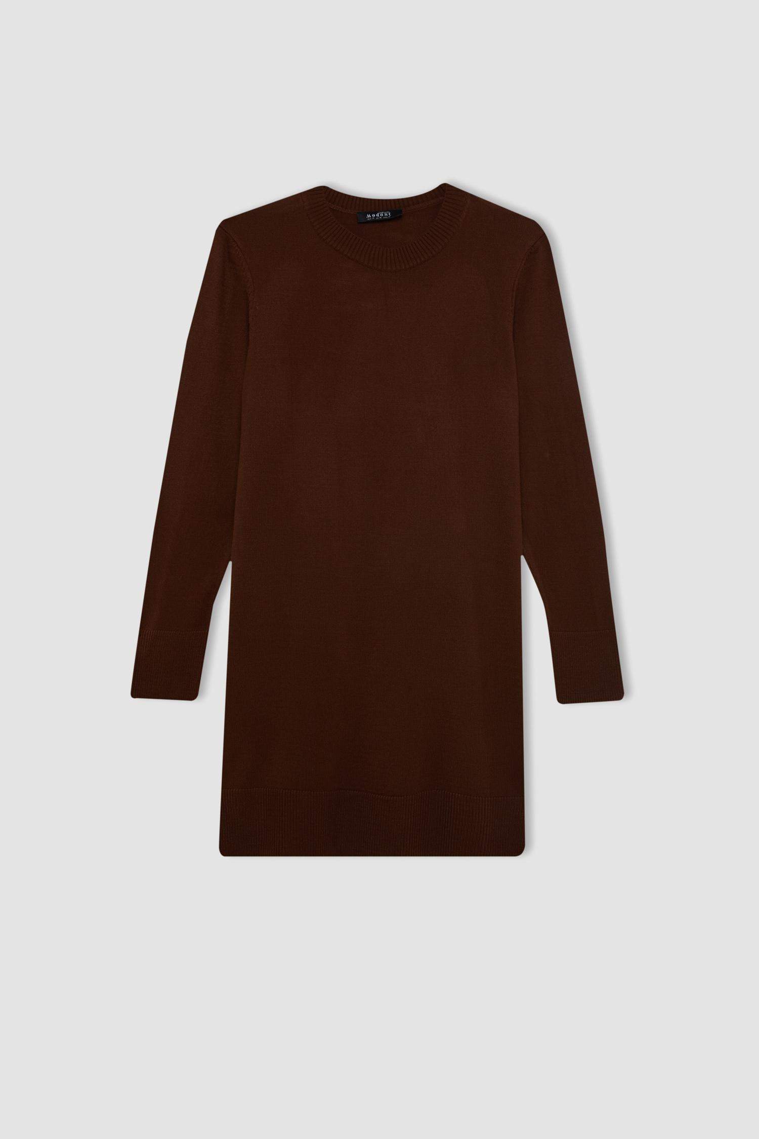 Regular Fit Bisiklet Yaka Yırtmaçlı Basic Düz Triko Kazak Tunik